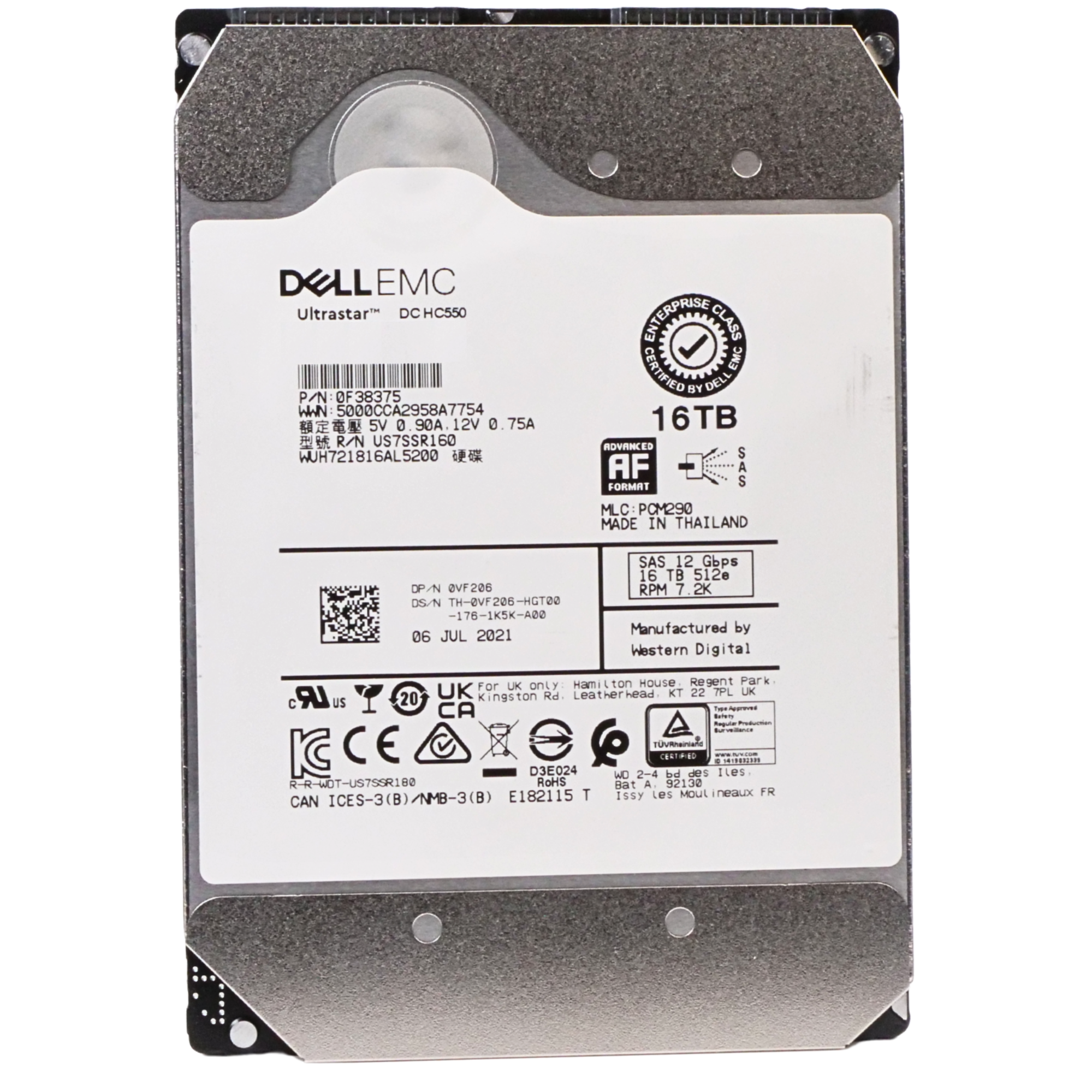 Dell/WD Ultrastar DC HC550 WUH721816AL5200 0F38375 16TB 7.2K RPM SAS 12Gb/s 512e 256MB 3.5in Recertified HDD
