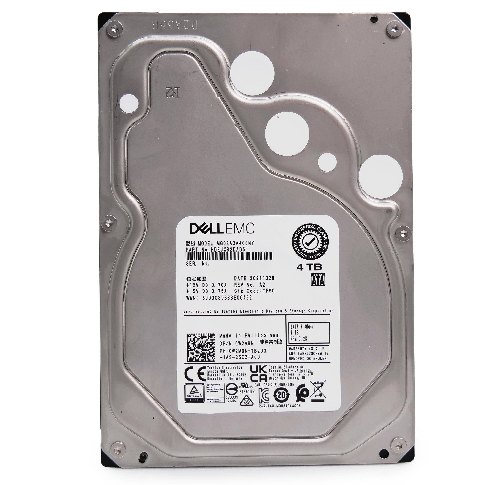 Toshiba/Dell MG08 MG08ADA400NY HDEJX82DAB51 4TB 7.2K RPM SATA 6Gb/s 512n 3.5in Hard Drive