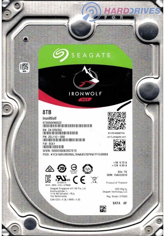 ST8000VN0022 P/N: 2EL112-500 F/W: SC61 TK ZA1D 15 AUG 2018 Seagate 8TB
