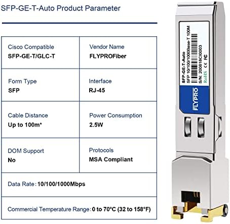 FLYPROFiber- 10/100/1000Base-T Copper SFP, Auto-Negotiation SFP to RJ45 Mini-GBIC Transceiver for Cisco GLC-T/SFP-GE-T/GLC-TA, Mikrotik S-RJ01, Netgear, Ubiquiti, Supermicro, Linksys, Up to 100M|B08MPVXBFQ