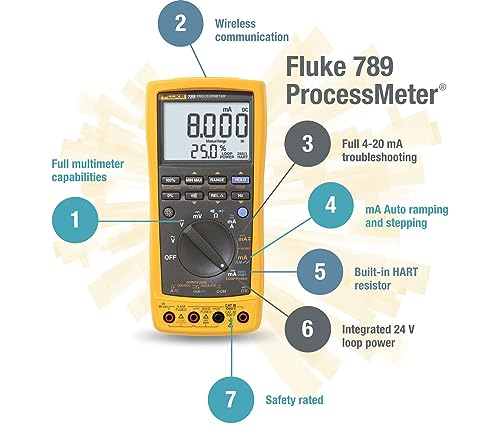 Fluke 789 ProcessMeter, Includes Standard DMM Capabilities, Measure, Source, Simulate 4-20 mA signals, and Built-In 24 V Loop Supply