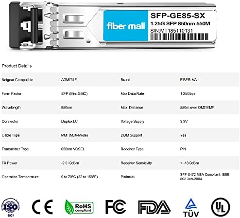 1G SFP SX for Cisco LC-SX-MMD GLC-SX-MM SFP-GE-S Ubiquiti unifi UF-MM-1G Netgear AGM731F D-Link DEM-311GT ZTE SFP-GE-M500 Extreme MGBIC-LC01 1000BASE-SX SFP 850nm 550m DOM Transceiver Module…|B0899NTT14