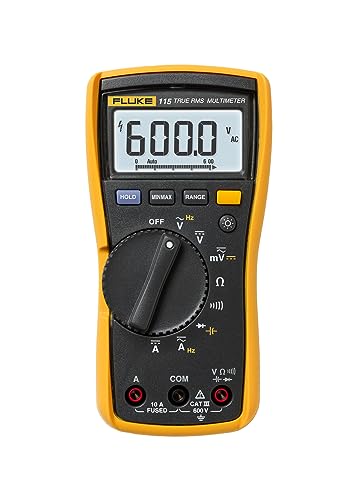 Fluke 115 Digital Multimeter, Measures AC/DC Voltage to 600 V and Current to 10 A, Resistance, Continuity, Frequency and Capacitance Testing, Includes Battery, Holster and 4 mm PVC-Insulated Test Leads