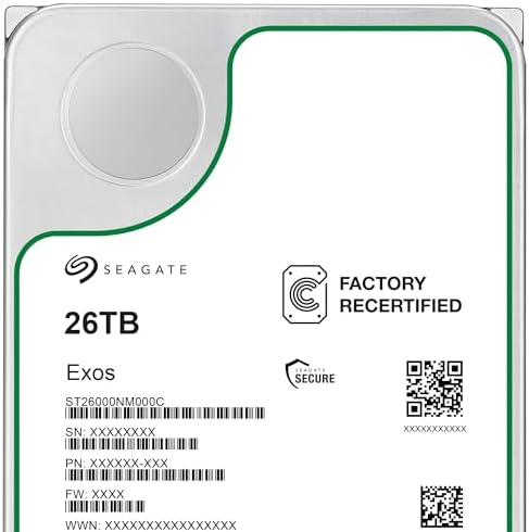 Seagate (Recertified Exos 26TB Internal Hard Drive HDD - 3.5 in CMR SATA 6Gb/s, 7200 RPM, 512MB Cache, 2.5M MTBF (ST26000NM000C , Renewed