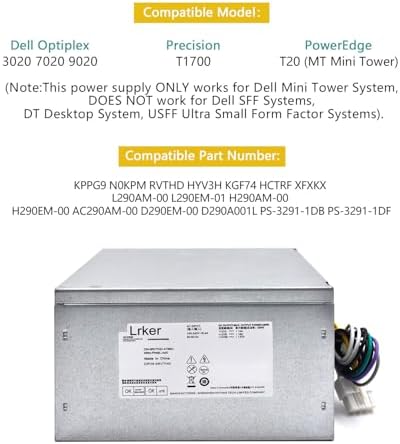 H290EM-00 290W Power Supply Compatible with Dell Optiplex 3020 7020 9020/ Precision T1700/ T20 (MT Mini Tower), P/N: RVTHD KPRG9 HYV3H H290AM-00 D290A001L L290AM-00 PS-3291-1DF|B0D2R13HYT
