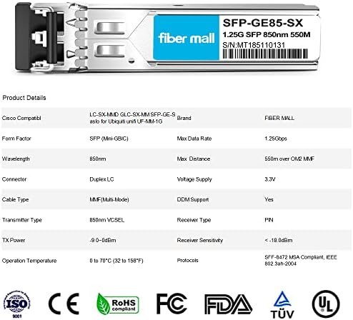 1G SFP SX for Cisco LC-SX-MMD GLC-SX-MM SFP-GE-S Ubiquiti unifi UF-MM-1G Netgear AGM731F D-Link DEM-311GT ZTE SFP-GE-M500 Extreme MGBIC-LC01 1000BASE-SX SFP 850nm 550m DOM Transceiver Module…|B0899NTT14