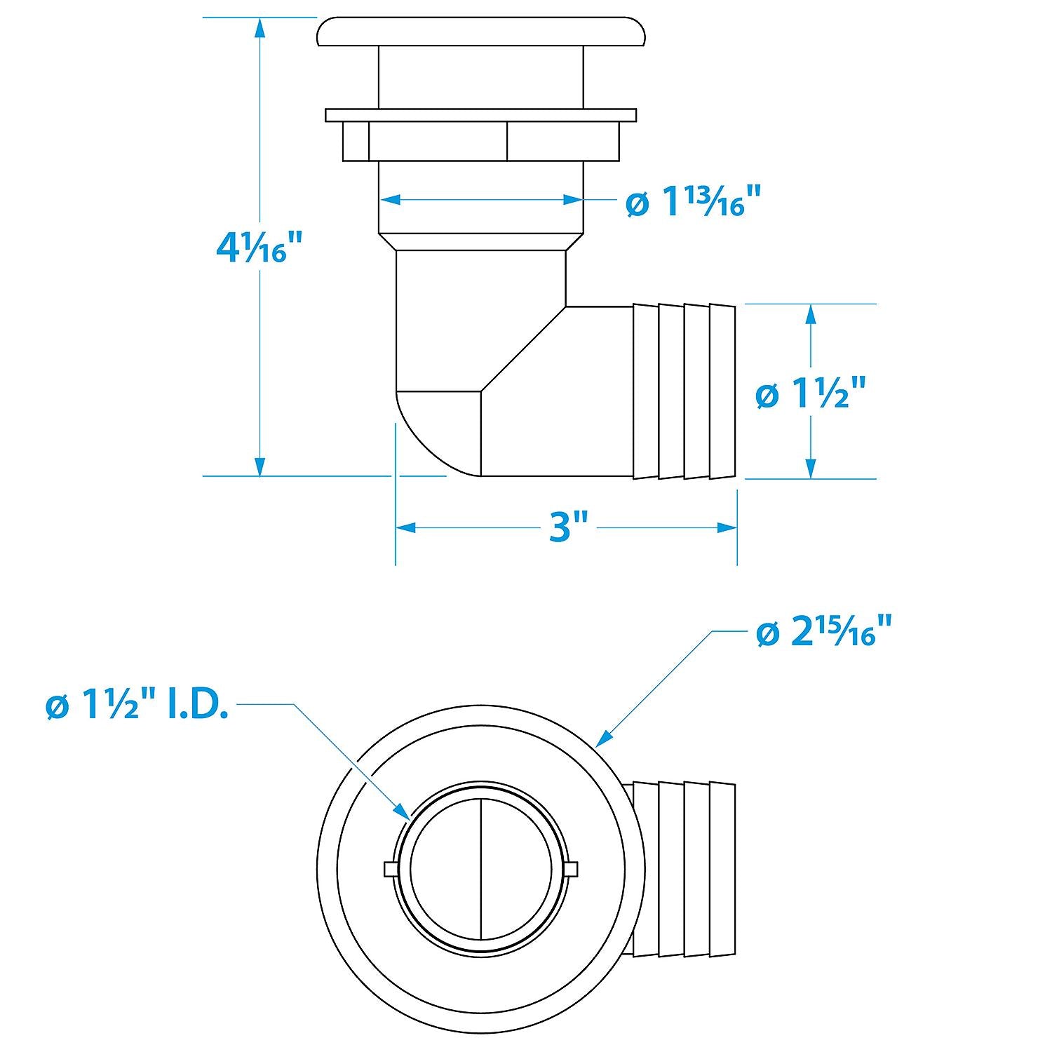 Seachoice 50-18121 90-Degree Thru-Hull Connector, Fits 1-1/2 in. ID Hose, 1-3/8 in. Max Hull