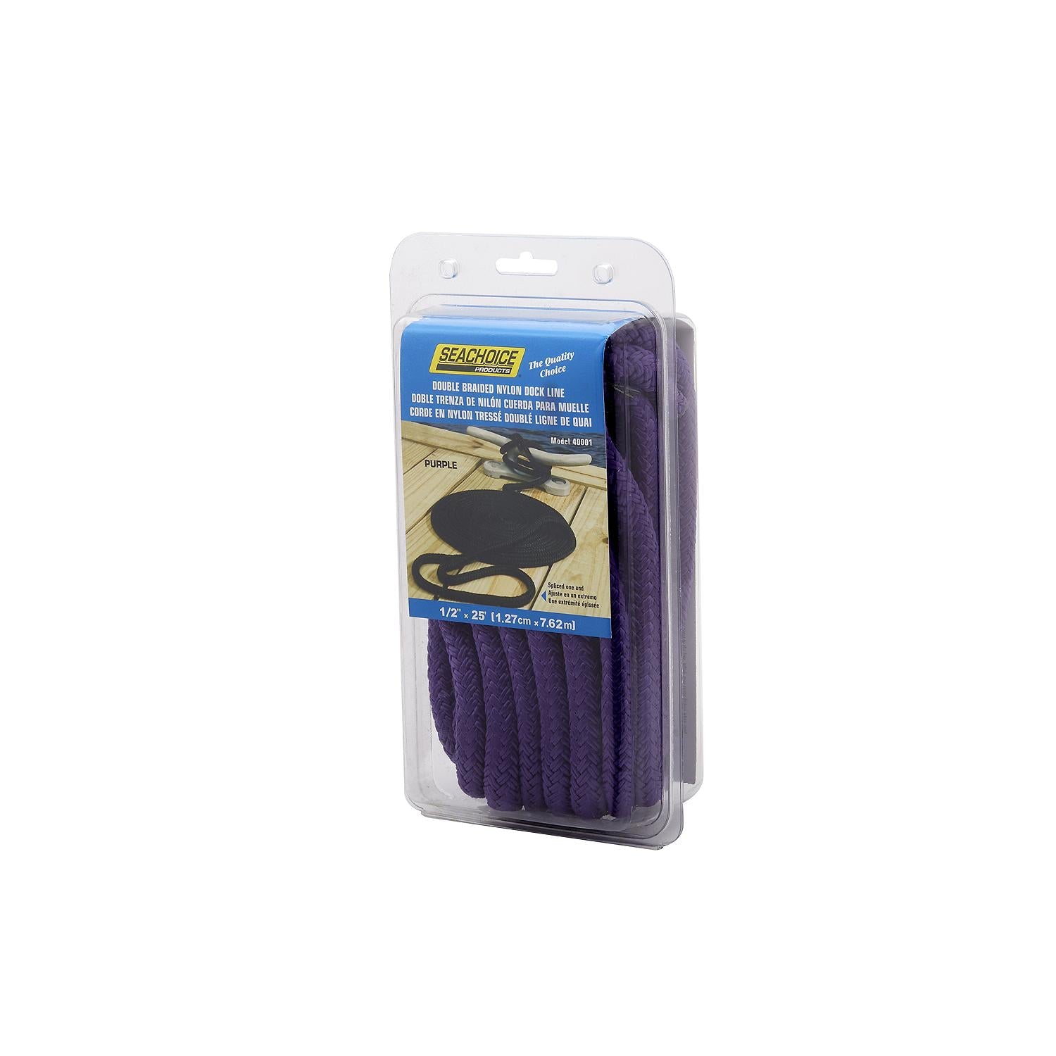 Seachoice Double-Braid Nylon Dock Line w/ Eye Splice, Pre-Shrunk, Heat Stabilized, 1/2 In. X 25 Ft., Purple