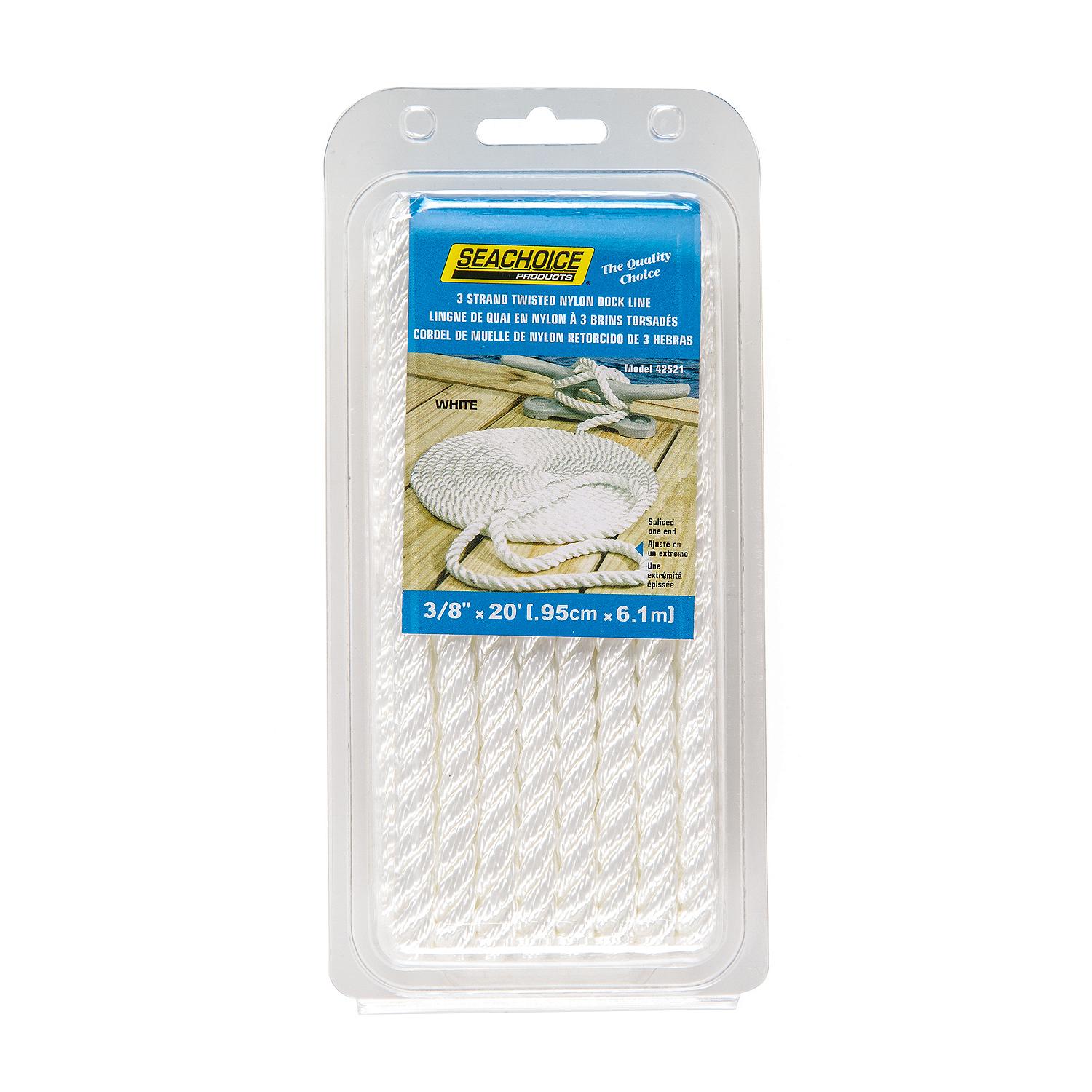 Seachoice 50-42521 3-Strand Twisted Nylon Dock Line, 3/8" x 20', White