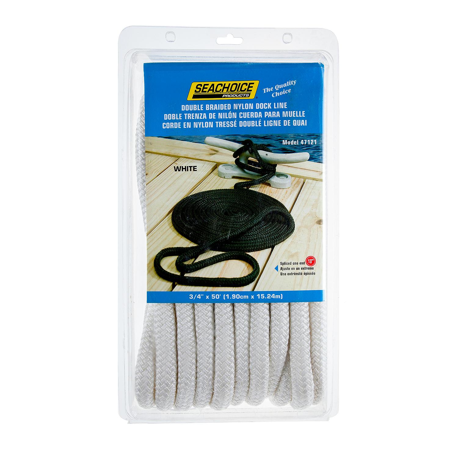 Seachoice Double-Braid Nylon Dock Line w/ Eye Splice, Pre-Shrunk, Heat Stabilized, 3/4 In. X 50 Ft., White