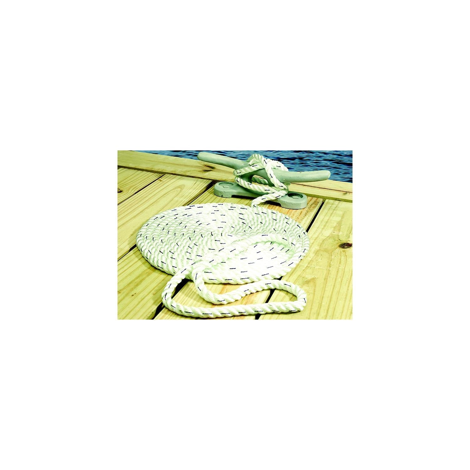 Seachoice 47531 Premium 3-Strand Twisted Nylon Dock Line, White w/ Blue Tracer, 3/8" x 25'