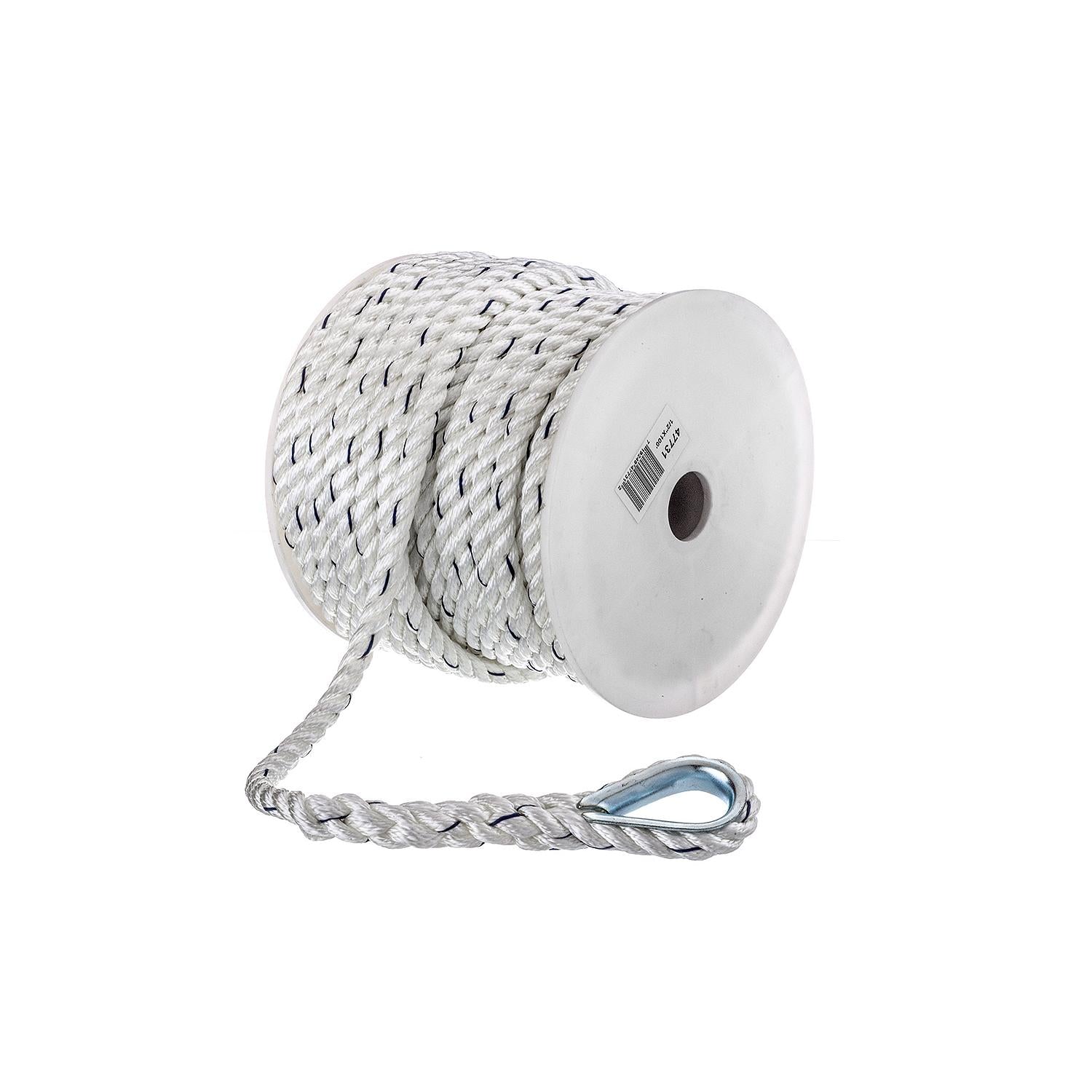 Seachoice 47731 Premium 3-Strand Twisted Nylon Anchor Line White w/ Blue Tracer, 1/2" x 100'