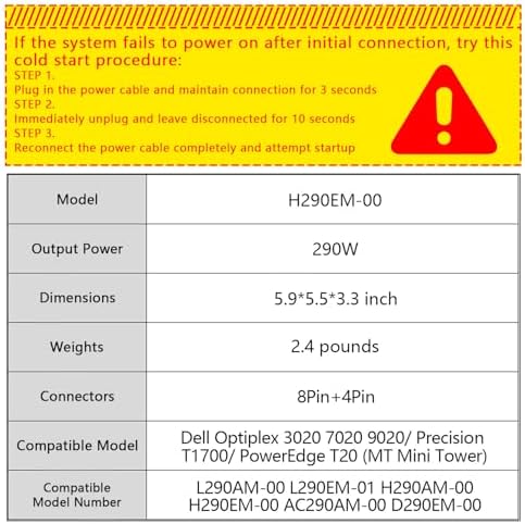 H290EM-00 290W Power Supply Compatible with Dell Optiplex 3020 7020 9020/ Precision T1700/ T20 (MT Mini Tower), P/N: RVTHD KPRG9 HYV3H H290AM-00 D290A001L L290AM-00 PS-3291-1DF|B0D2R13HYT