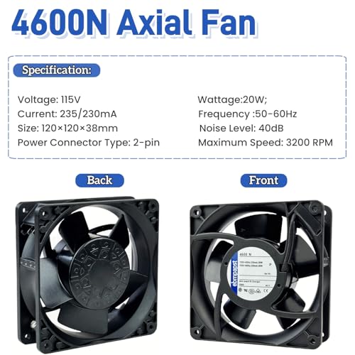 for ebmpapst 4600N Axial Fan,115V 12038 Industrial Cooling Fan All-Metal Heat-Resistant Cooling Fan 4600N, 2-Pin 20W|B0DSPYNCPH