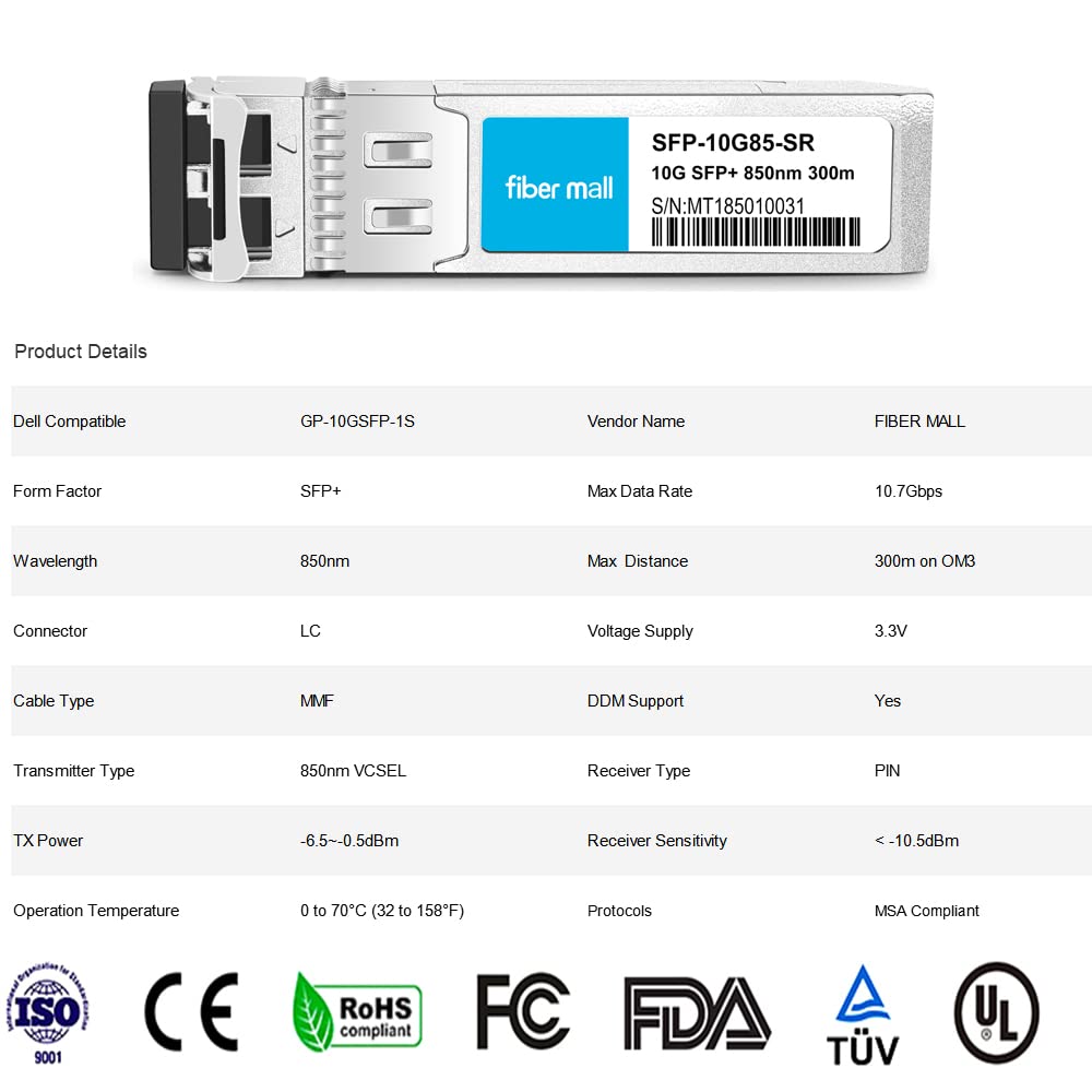SFP 10G SR for Dell Force10 GP-10GSFP-1S Dell WTRD1 407-BBOU 10GBASE-SR SFP+ 850nm 300m DOM Transceiver Module