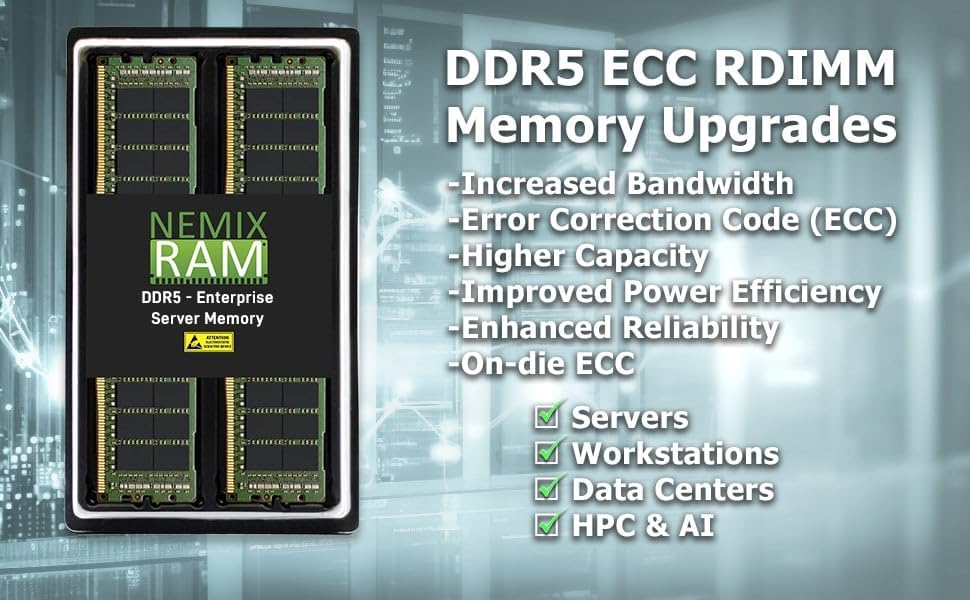 NEMIX RAM 256GB (4X64GB DDR5 4800MHZ PC5-38400 2Rx4 1.1V CL40 288-PIN ECC RDIMM Registered Server Memory KIT Compatible with Dell PowerEdge R7615 Rack Server