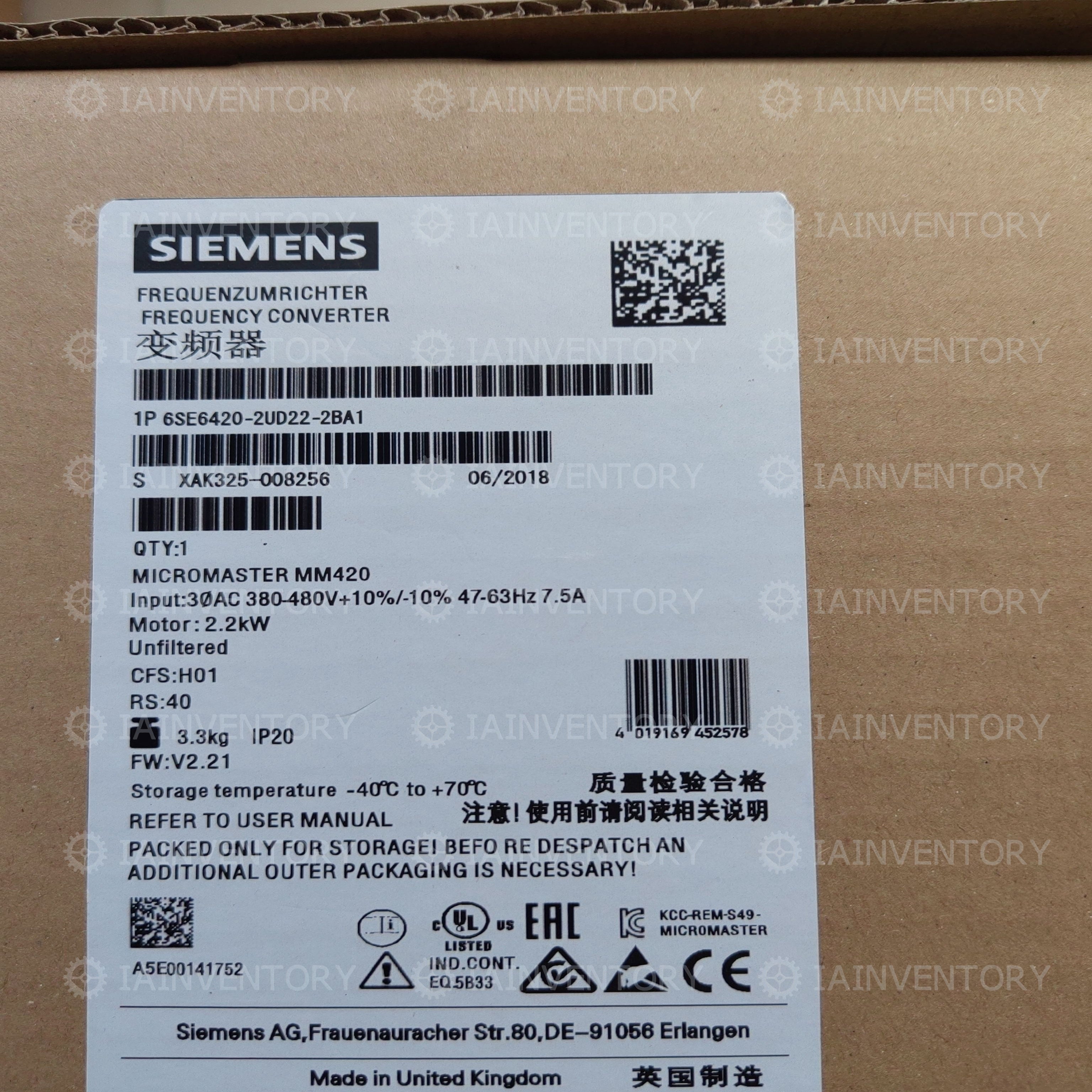 Siemens 6SE6420-2UD22-2BA1 Inverter 6SE6 420-2UD22-2BA1