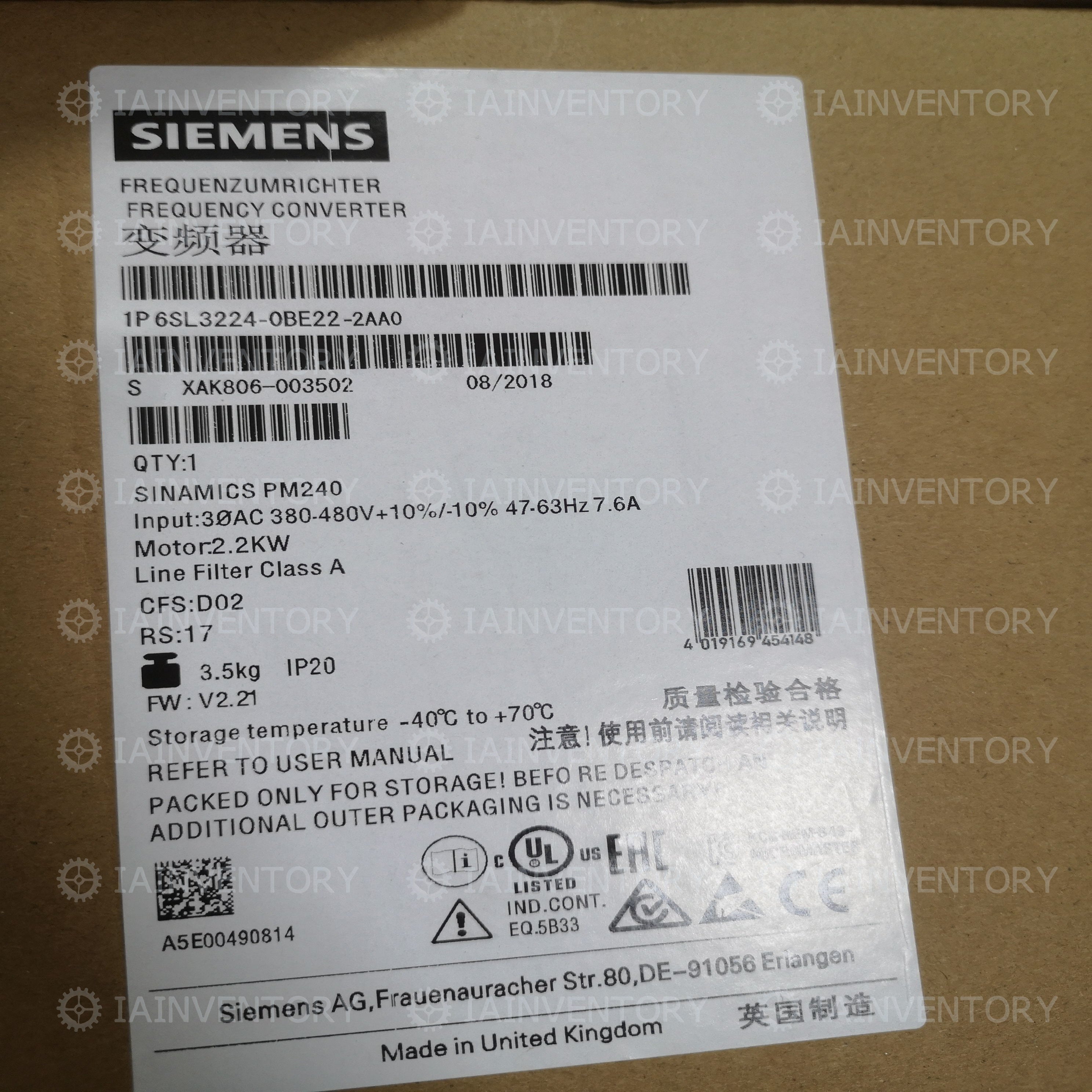 Siemens 6SL3224-0BE22-2AA0 6SL3 224-0BE22-2AA0 Inverter 2.2kw