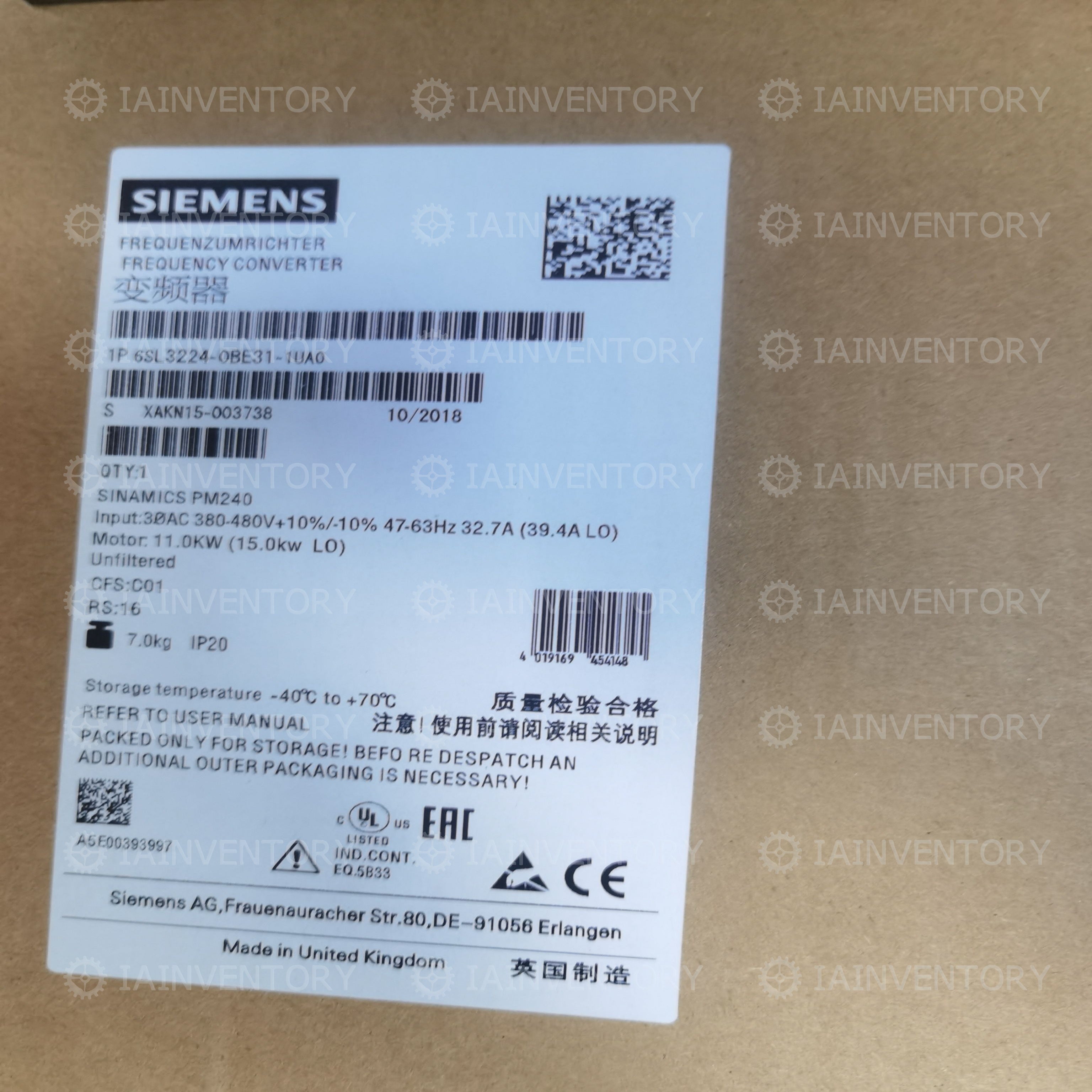 Unopened Siemens 6SL3224-0BE31-1UA0 6SL3 224-0BE31-1UA0
