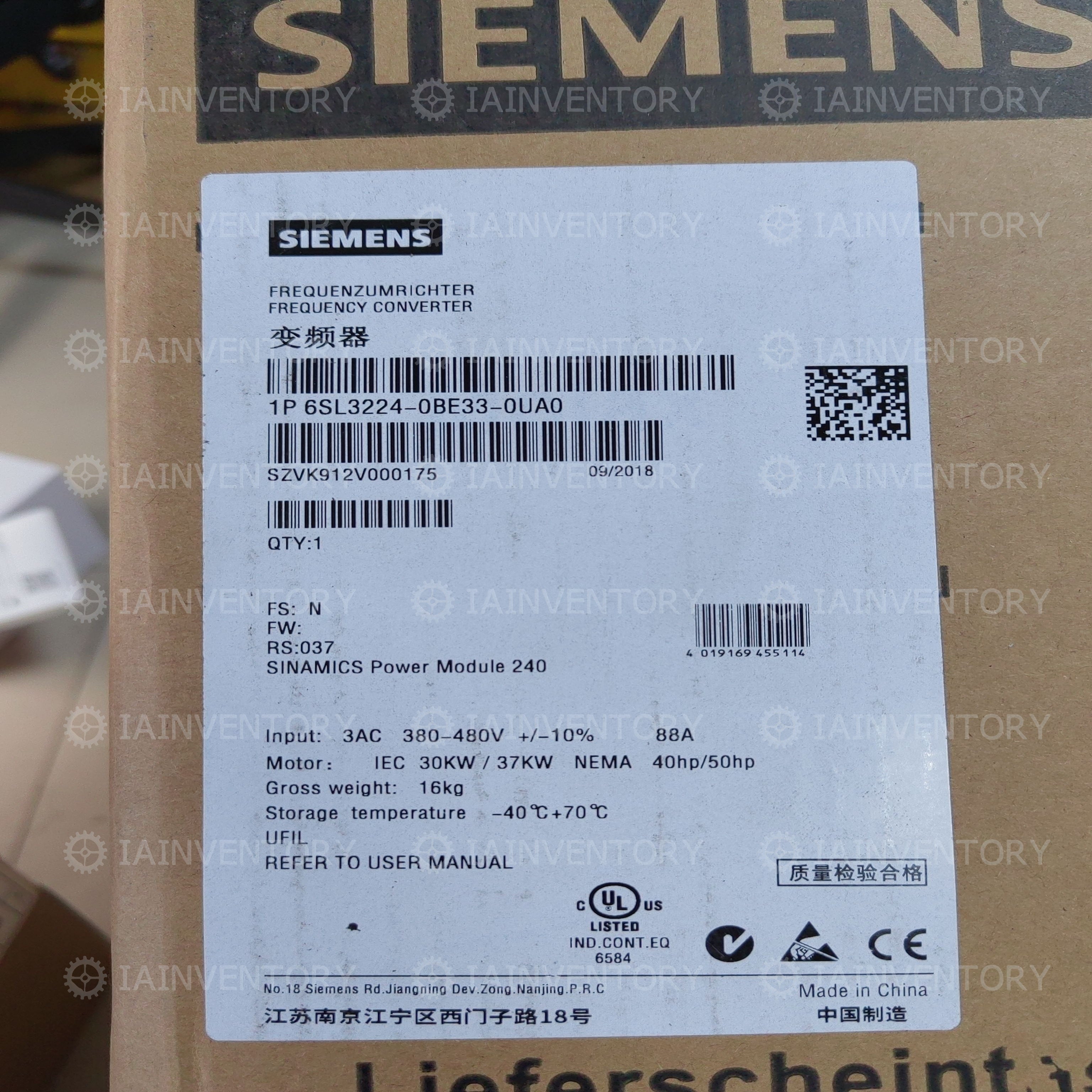Siemens 6SL3224-0BE33-0UA0 Sinamics G120 Power Module PM240 3-PH 400V