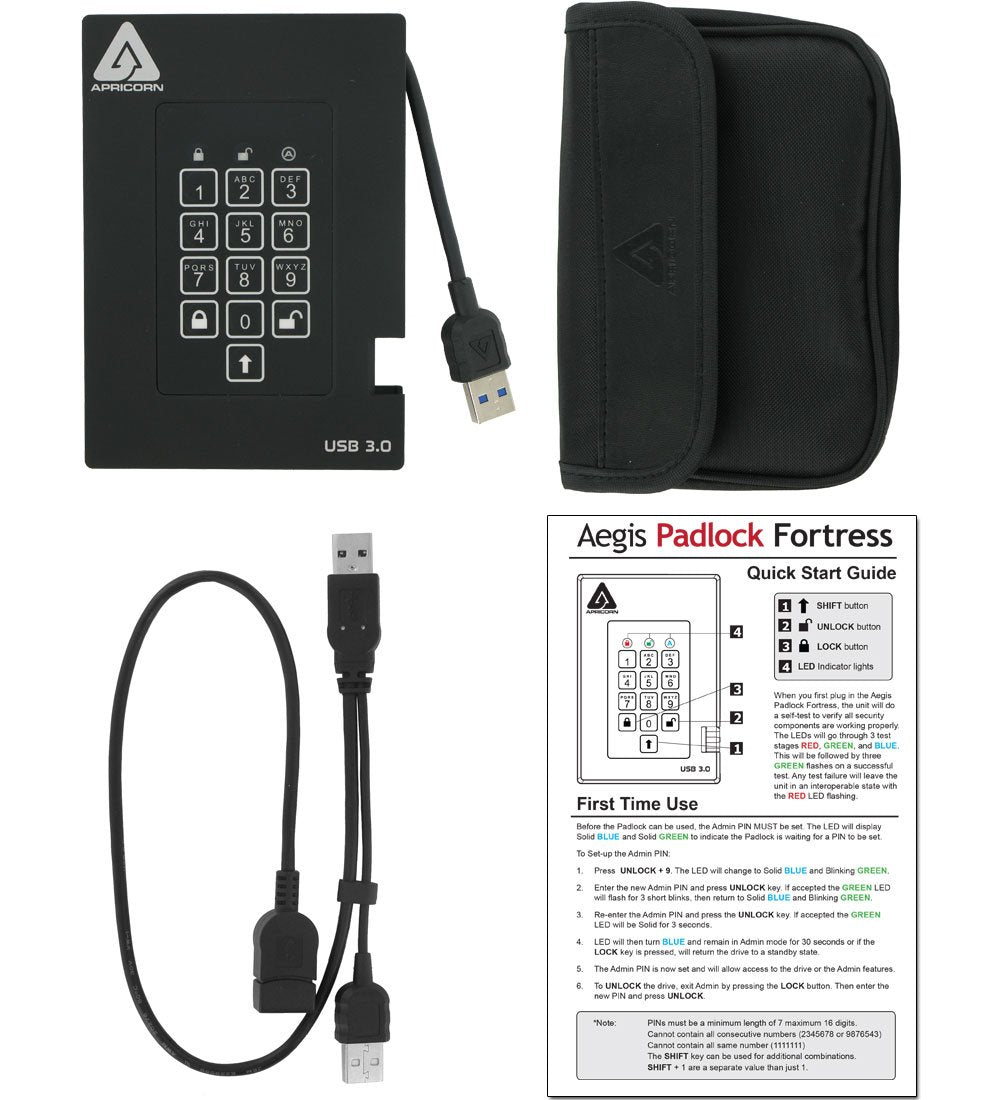Apricorn 1TB Aegis Padlock Fortress USB 3.0 Encrypted Hard Drive with PIN Access (A25-3PL256-1000F) and 128GB Aegis Secure Key 3Z USB 3.1 Encrypted Flash Drive with PIN Access (ASK3Z-128GB)