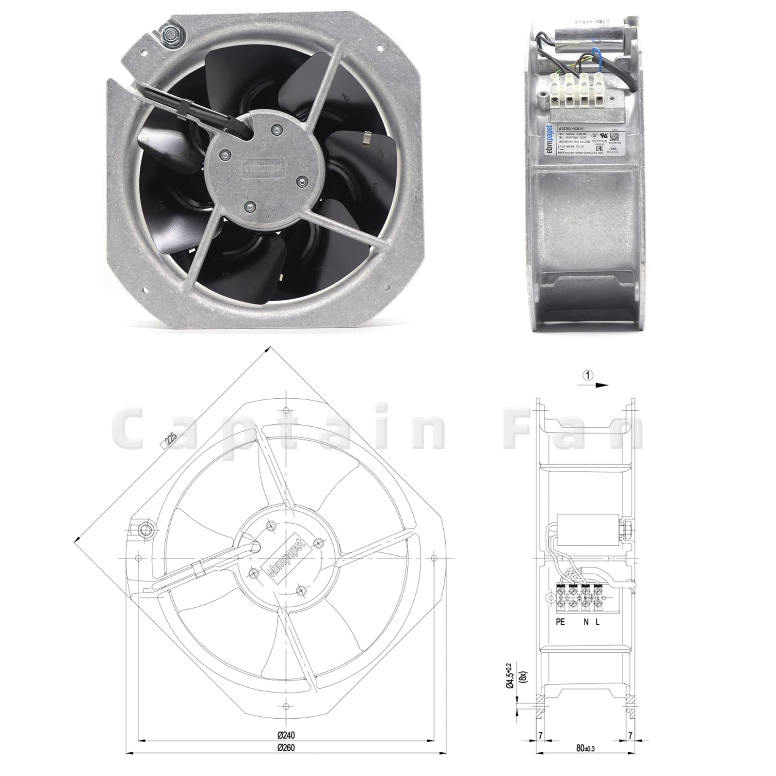 W2E200-HK38-01 Ebm Papst Fan 230VAC 80W 225 * 225 * 80MM Axial Fan for Cabinet/Electric Drive Able to Replace W2E200-HH38-01
