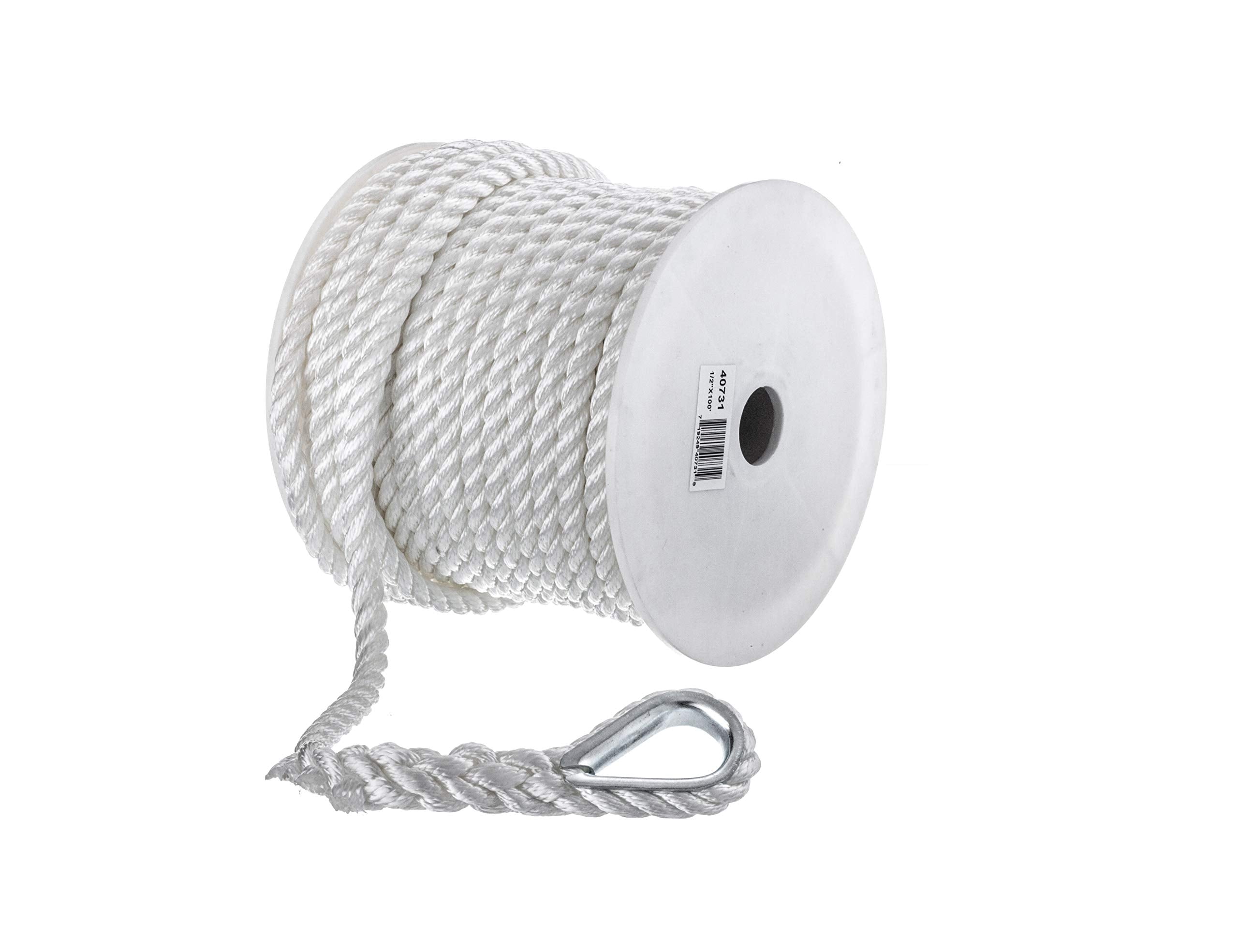 Seachoice 40731 3-Strand Twisted Nylon Anchor Line White, 1/2" x 100'