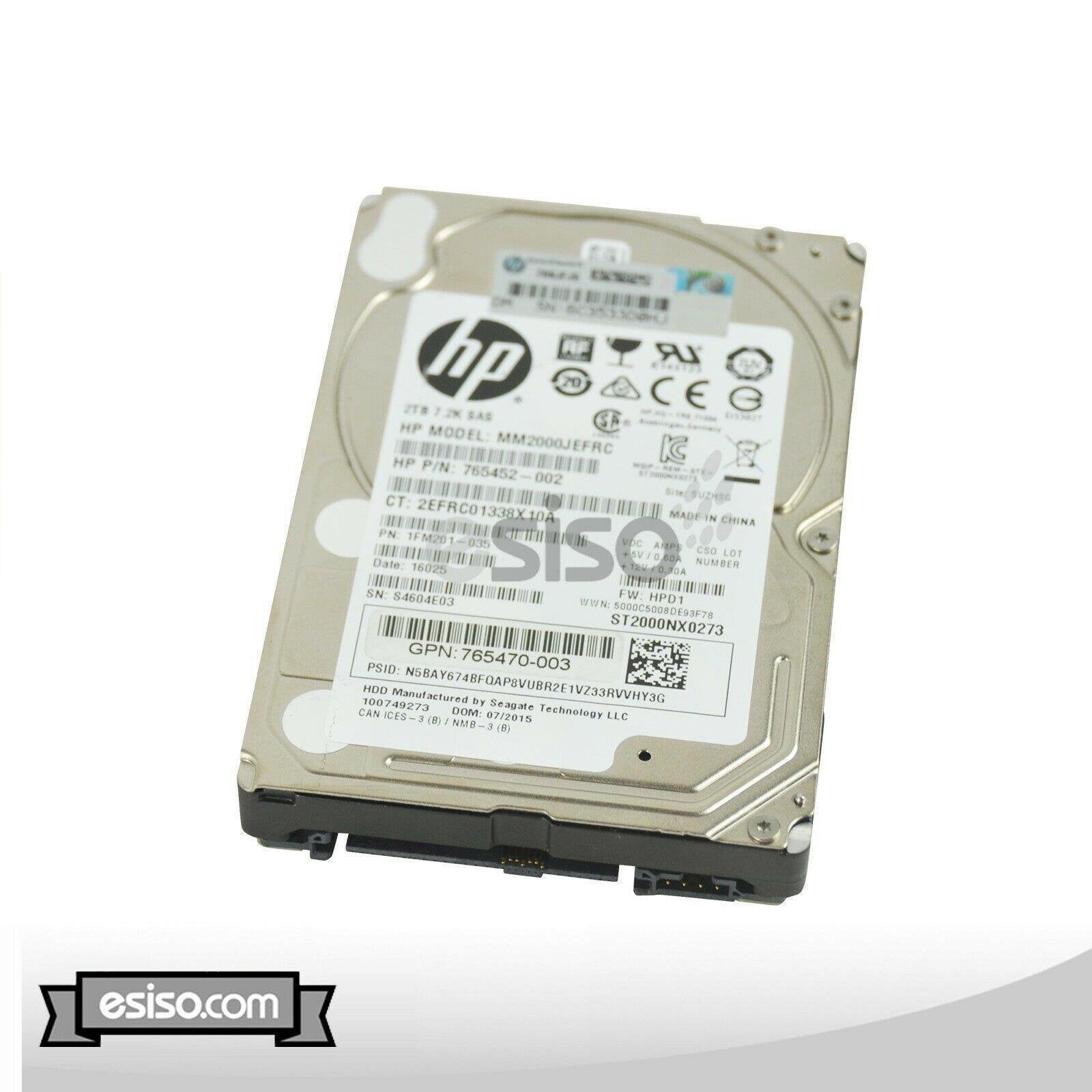 HP 765452-002 MM2000JEFRC HP 2TB 12G 7.2K SFF 2.5'' SAS HDD HARD DRIVE