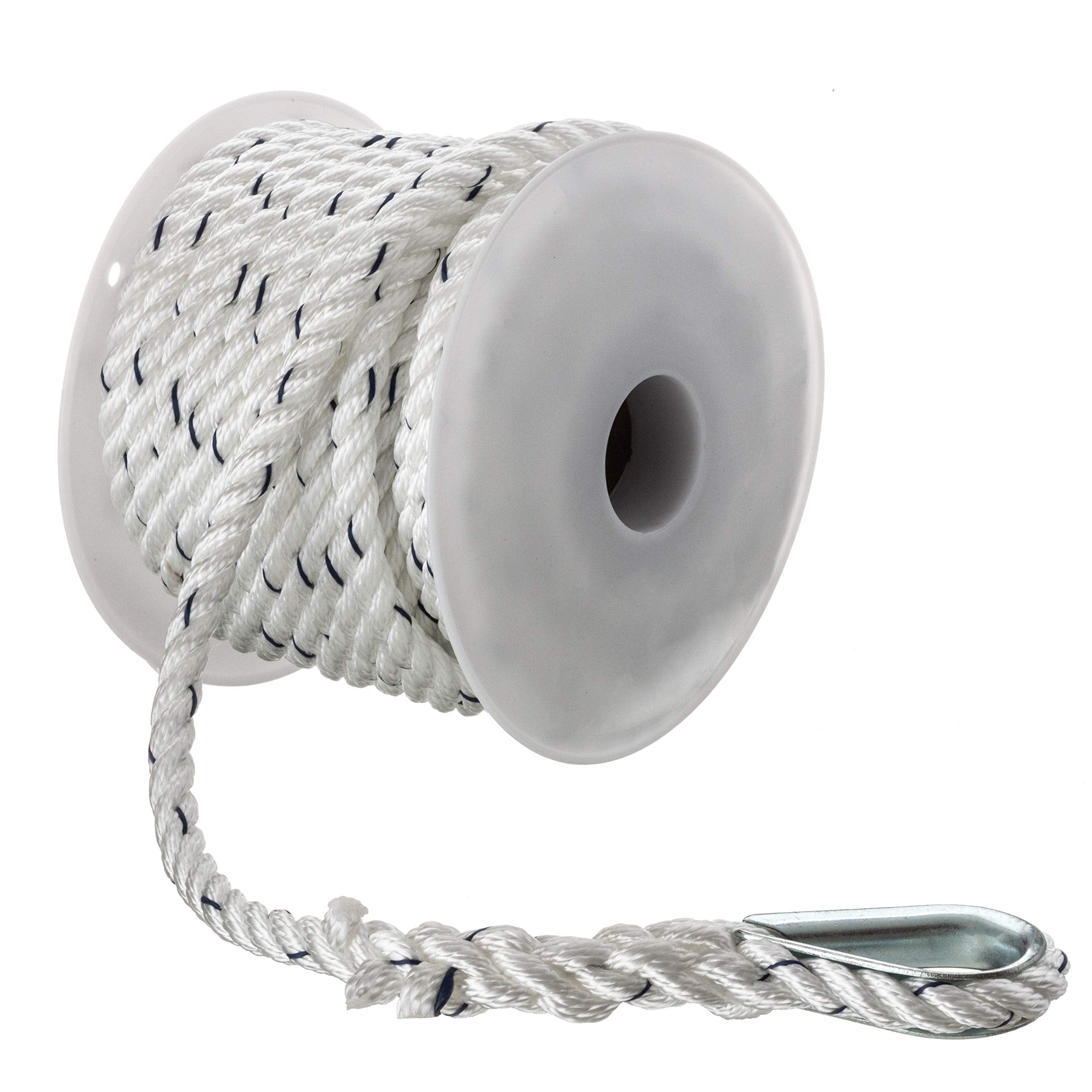 Seachoice 47691 Premium 3-Strand Twisted Nylon Anchor Line White w/ Blue Tracer, 3/8" x 50'