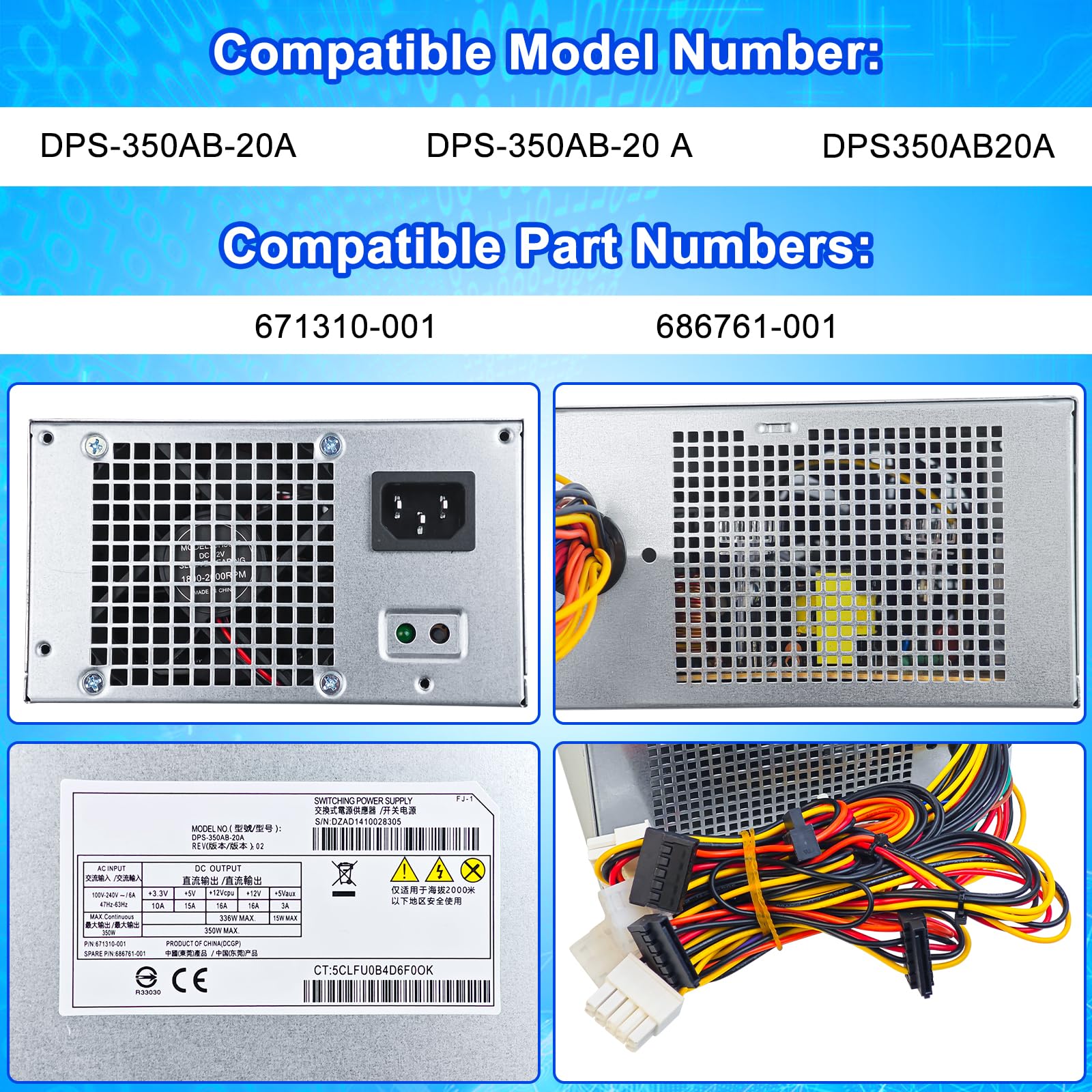 DPS-350AB-20A 350W ATX Power Supply PSU Compatible with HP ProLiant ML310e G8 671310-001 686761-001 DPS-350AB-20 A Power Supply