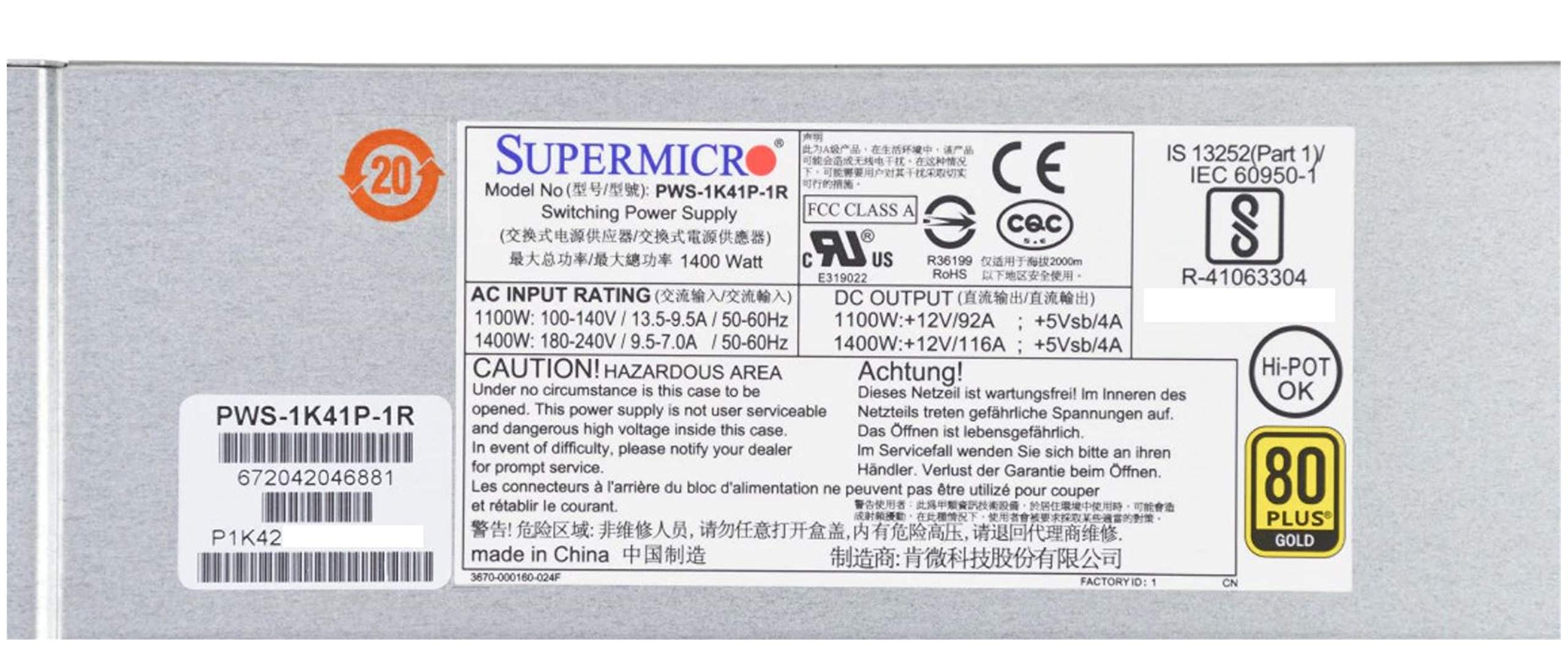 Supermicro PWS-1K41P-1R, 1400W 1U Gold Level Pws with Pm Bus & WX3