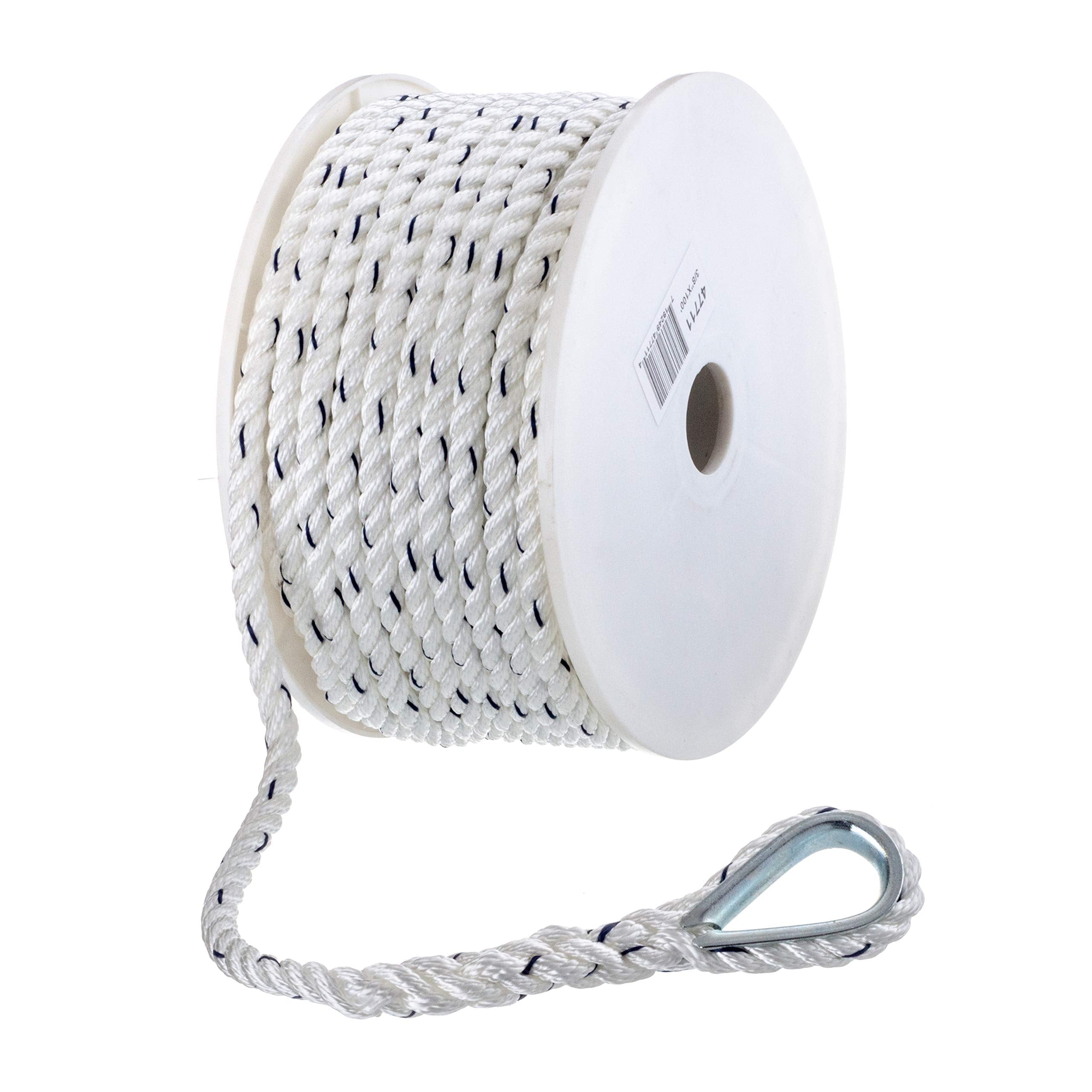 Seachoice 47711 Premium 3-Strand Twisted Nylon Anchor Line White w/ Blue Tracer, 3/8" x 100'