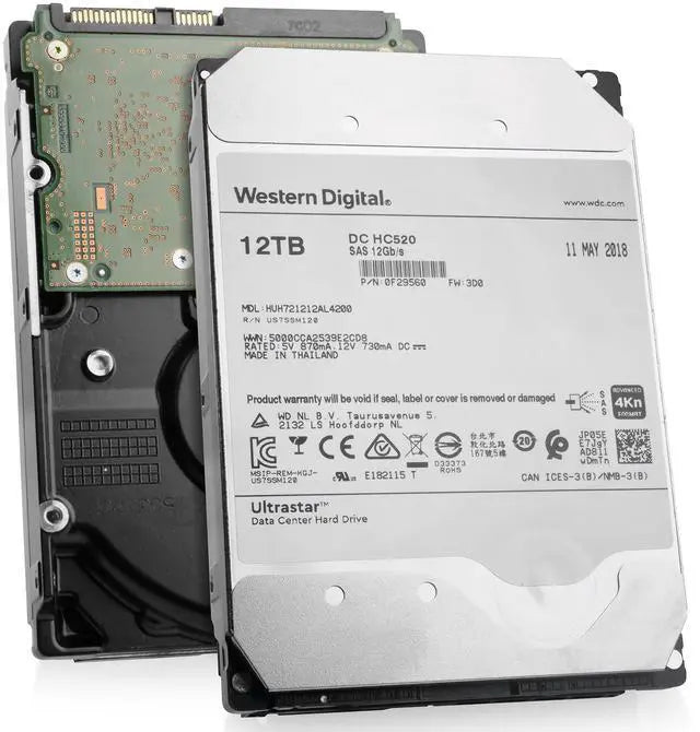 Western Digital Ultrastar DC HC520 HUH721212AL4200 0F29560 12TB 7.2K RPM SAS 12 Gb/s 4Kn 3.5in Seller Refurbished HDD