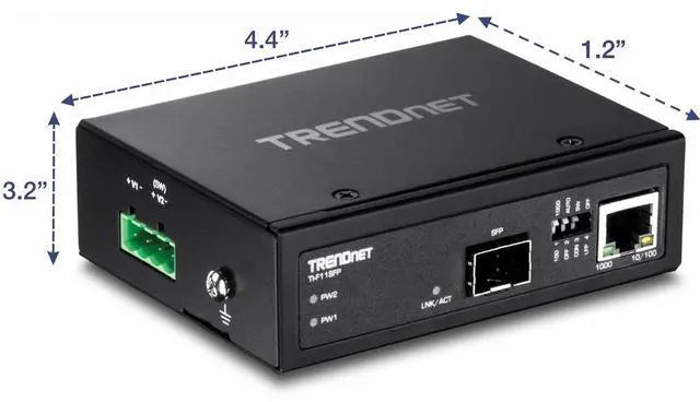 TRENDnet Hardened Industrial 100/1000 Base-T To SFP Media Converter, DIN-Rail And Wall Mount Hardware Included, Multi Or Single Mode Fiber, Power Supply Sold Separately, Black, TI-F11SFP