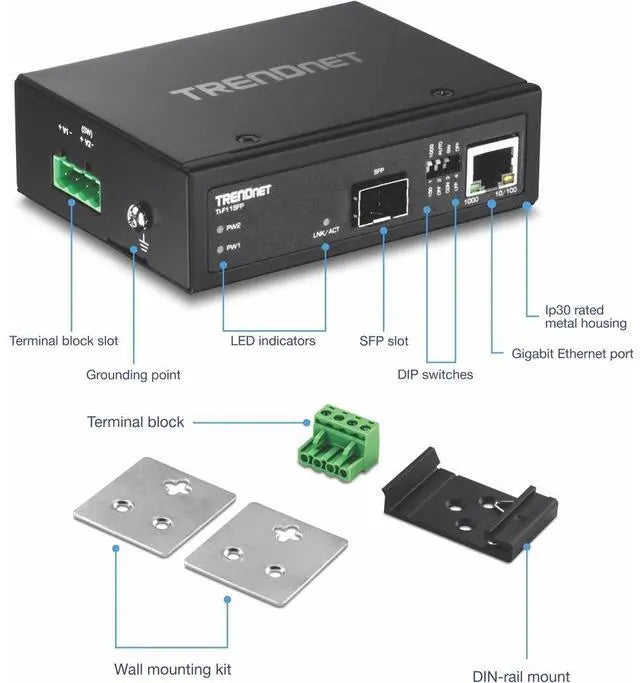 TRENDnet Hardened Industrial 100/1000 Base-T To SFP Media Converter, DIN-Rail And Wall Mount Hardware Included, Multi Or Single Mode Fiber, Power Supply Sold Separately, Black, TI-F11SFP