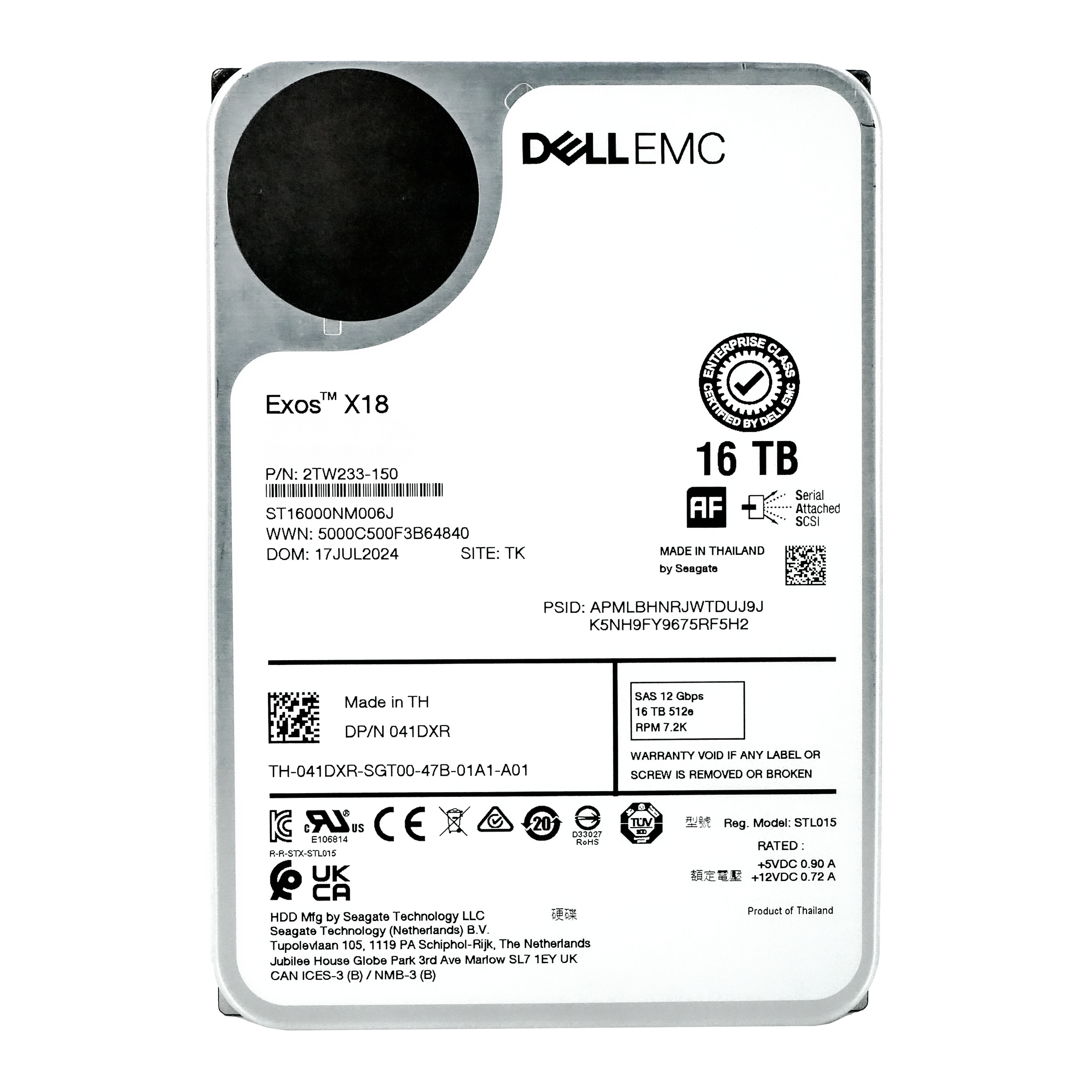 Dell/Seagate Exos X18 ST16000NM006J 16TB 7.2K RPM SAS 12Gb/s 512e 3.5in Recertified Hard Drive