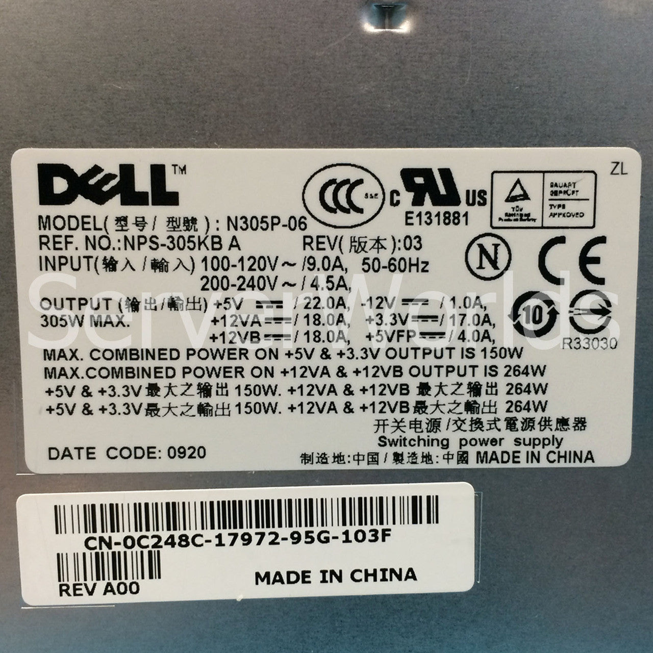 Dell C248C Poweredge T100 Power Supply N305P-06 NPS-305KB A