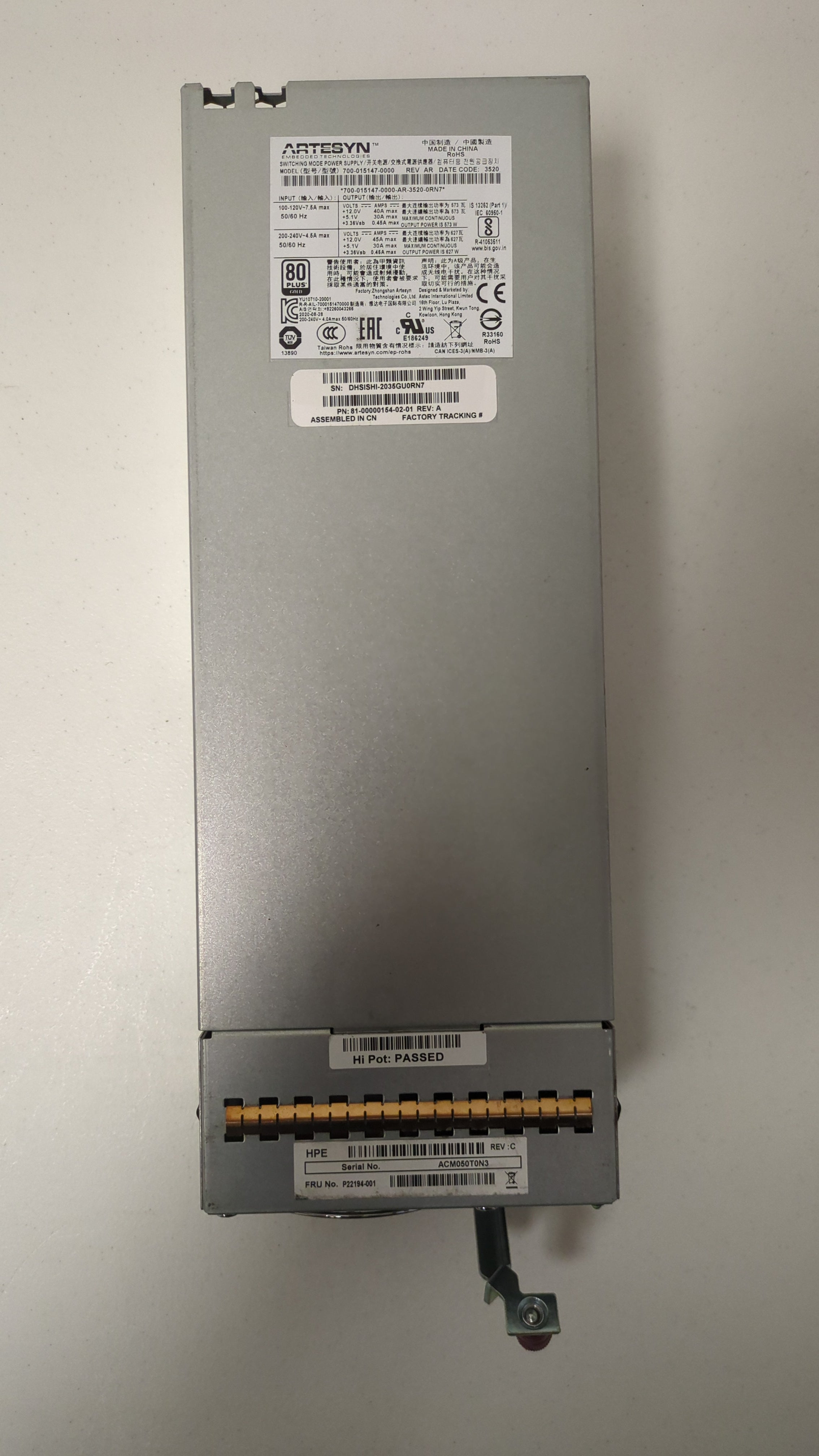 HPE MSA 627W 80+ Gold Power Supply P22194-001 700-015147-0000