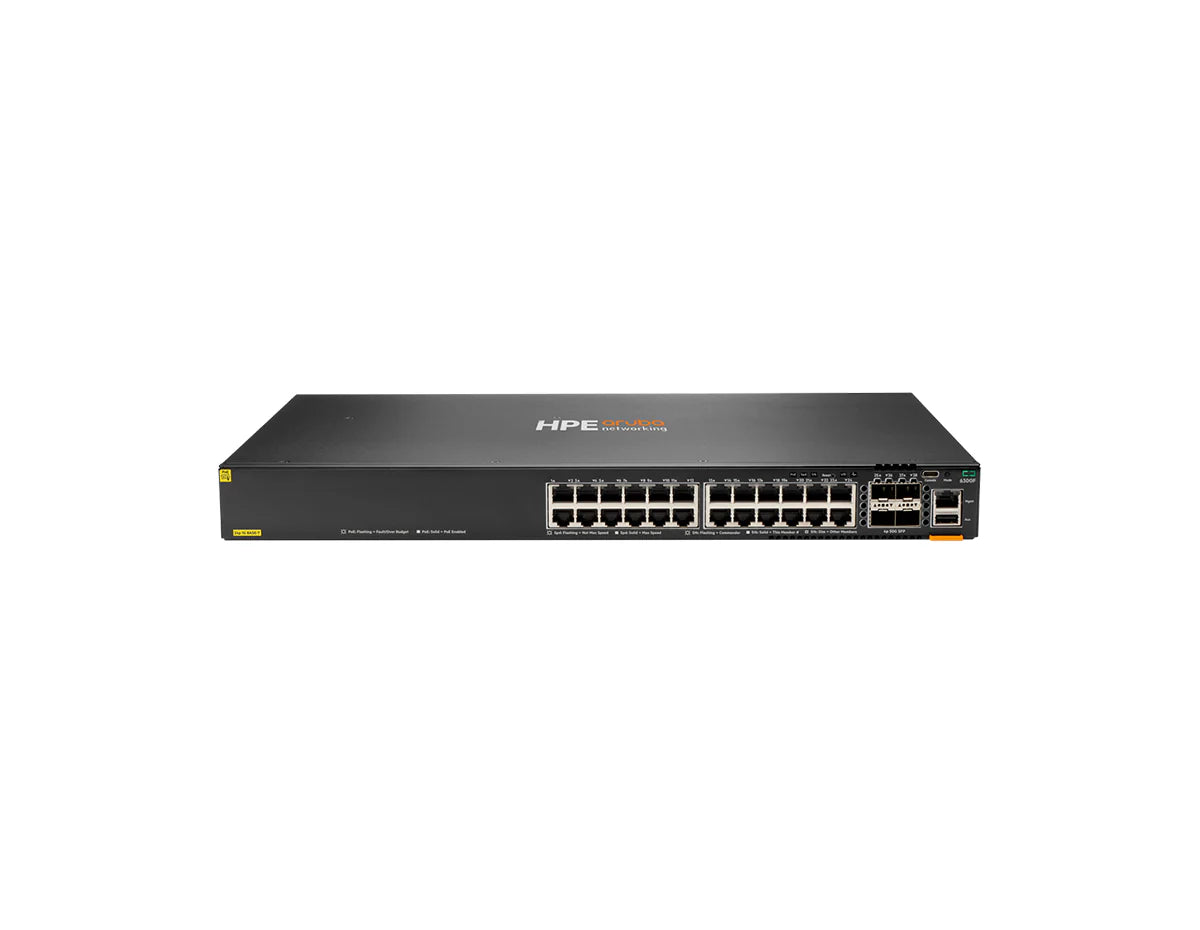 HPE Aruba Networking CX 6300F 24‑port 1GbE Class 4 PoE and 4‑port SFP56 Switch