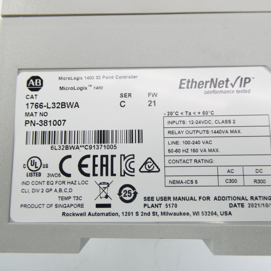 ALLEN BRADLEY 1766-L32BWA SER. C F/W 21 100-240VAC NSNP