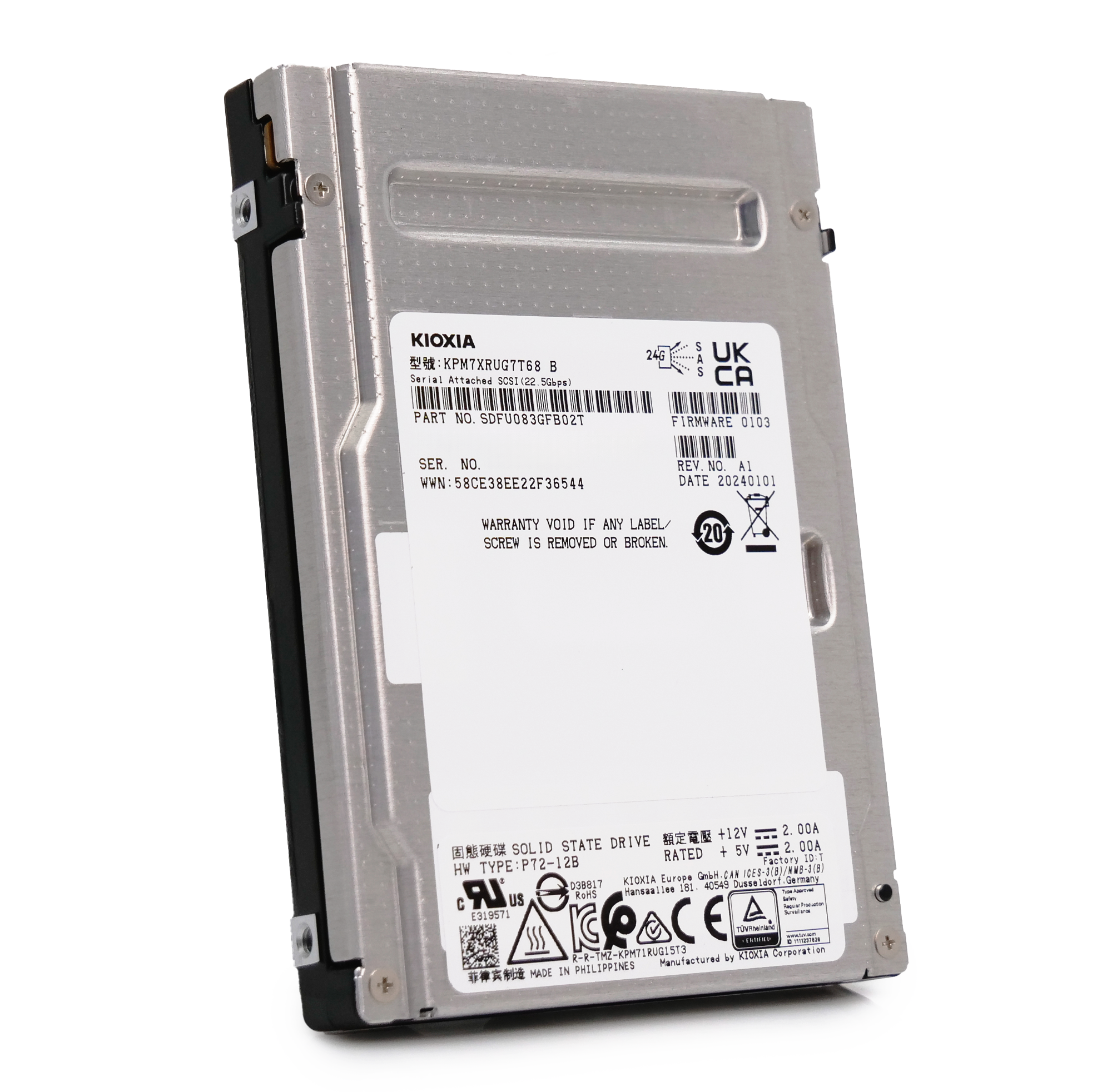 Kioxia PM7-R KPM7XRUG7T68 7.68TB 1 DWPD SAS-4 25Gb/s Read Intensive TLC 2.5in Refurbished SSD