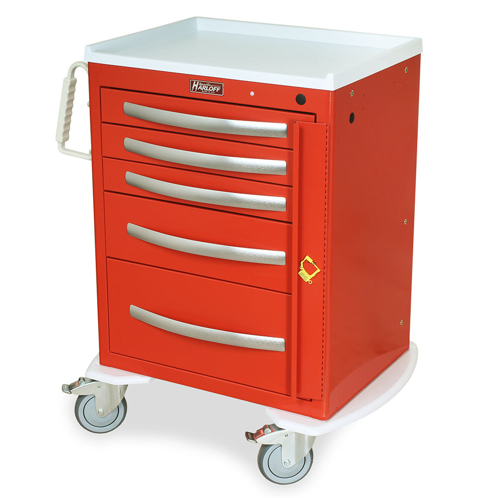Harloff A-Series Lightweight Aluminum Crash Cart, Short Height, Medium Width, Five Drawers, Breakaway Lock