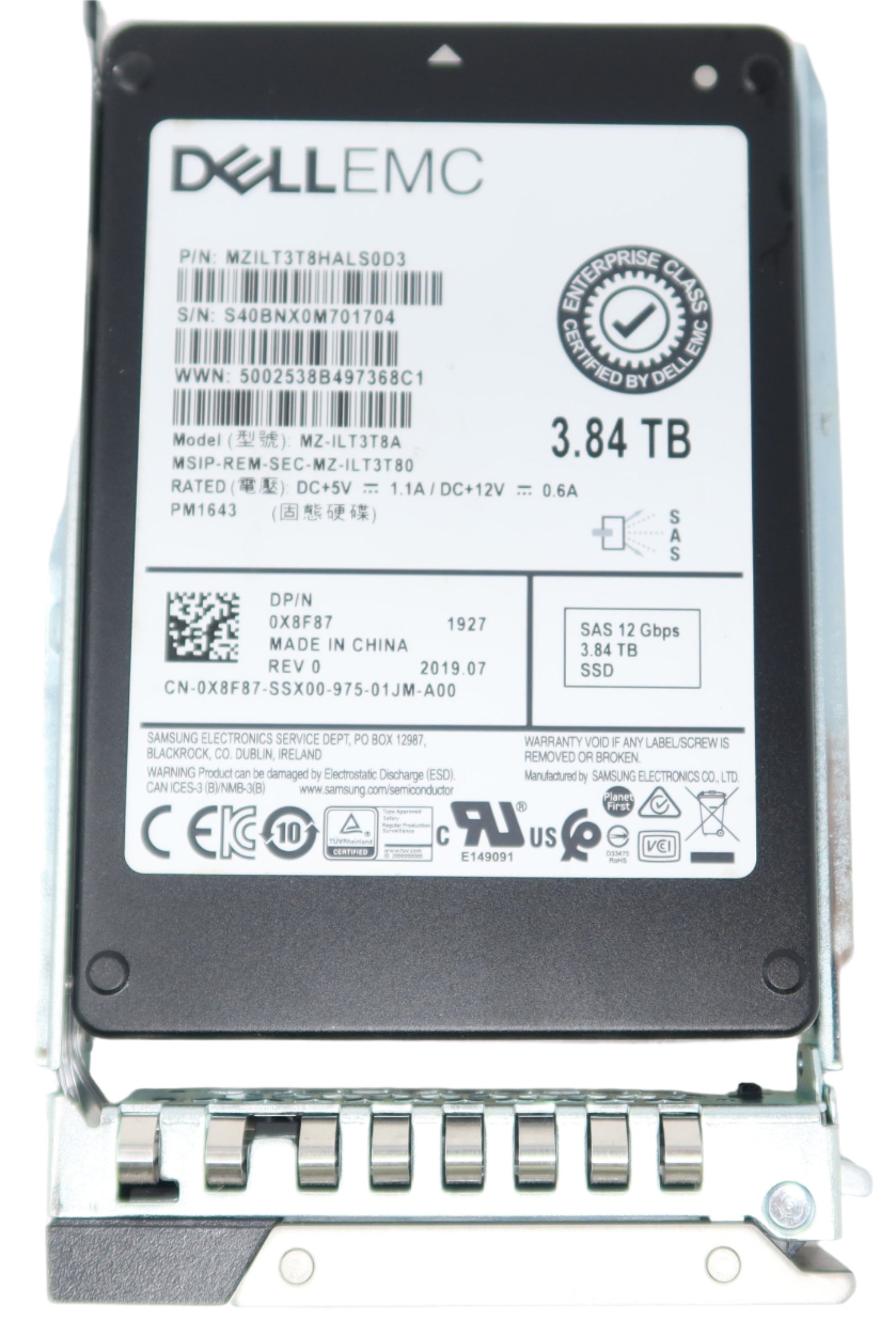 X8F87 DELL EMC 3.84TB SAS 12Gbps 2.5IN SSD 0X8F87 MZ-ILT3T8A G14