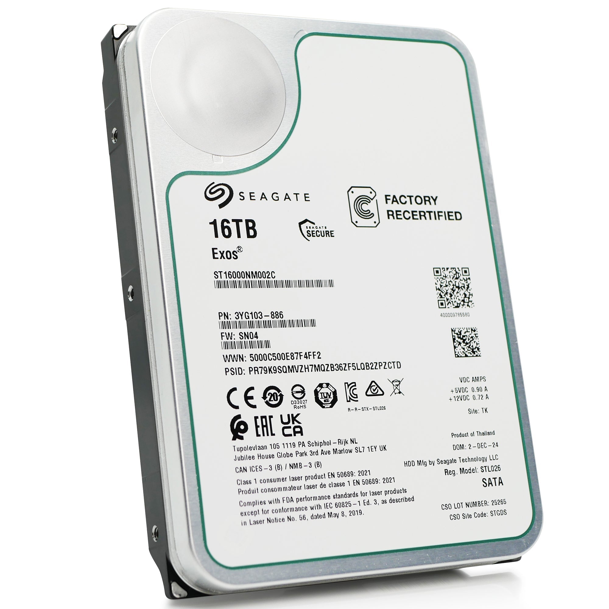 Seagate Exos X16 ST16000NM002C 16TB 7.2K RPM SATA 6Gb/s 512e 3.5in Recertified Hard Drive
