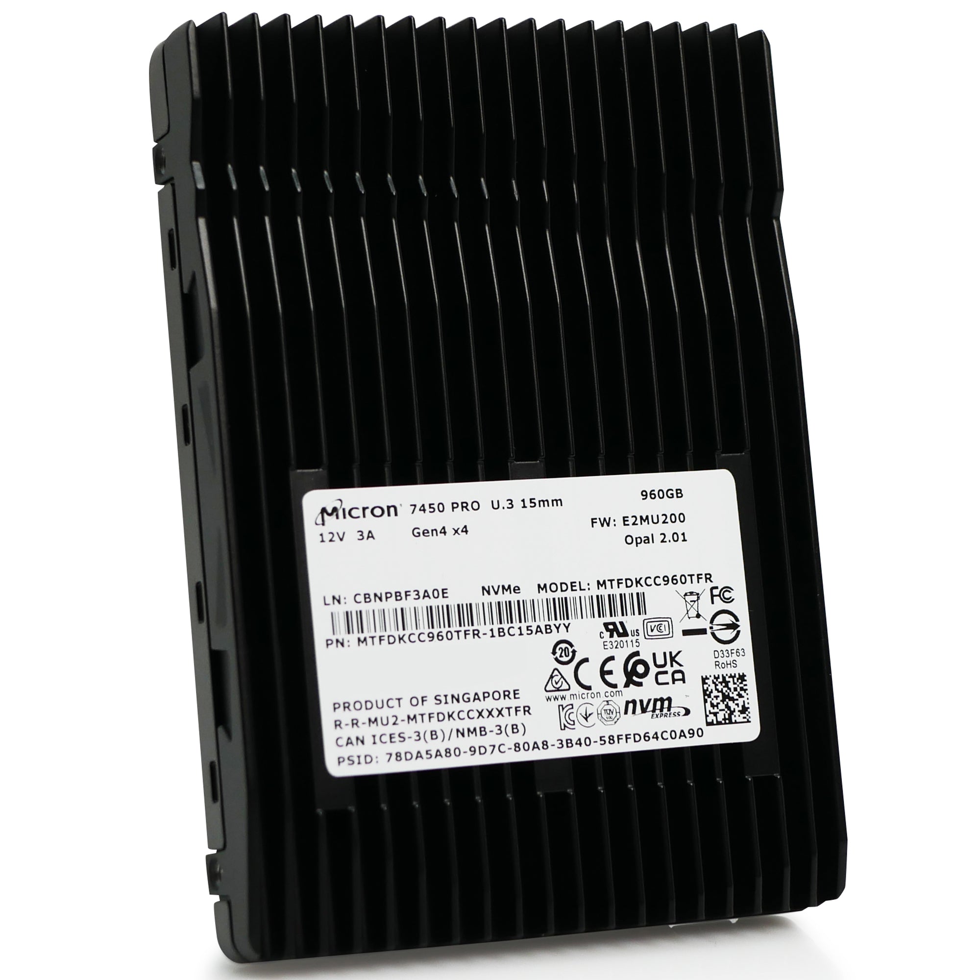 Micron 7450 Pro MTFDKCC960TFR 960GB 1 DWPD Opal 2.01 PCIe Gen 4.0 x4 8GB/s 3D TLC U.3 NVMe 2.5in Solid State Drive