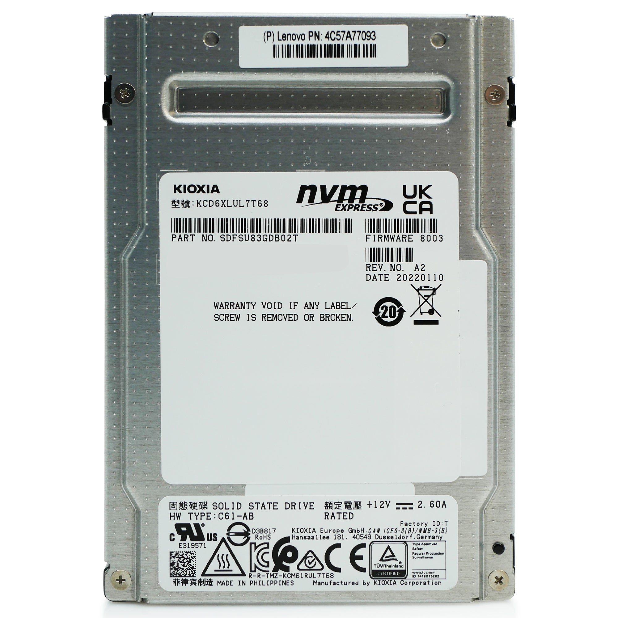Kioxia CD6-R KCD6XLUL7T68 7.68TB 1 DWPD PCIe Gen 4.0 x4 8GB/s U.3 NVMe 2.5in Refurbished SSD