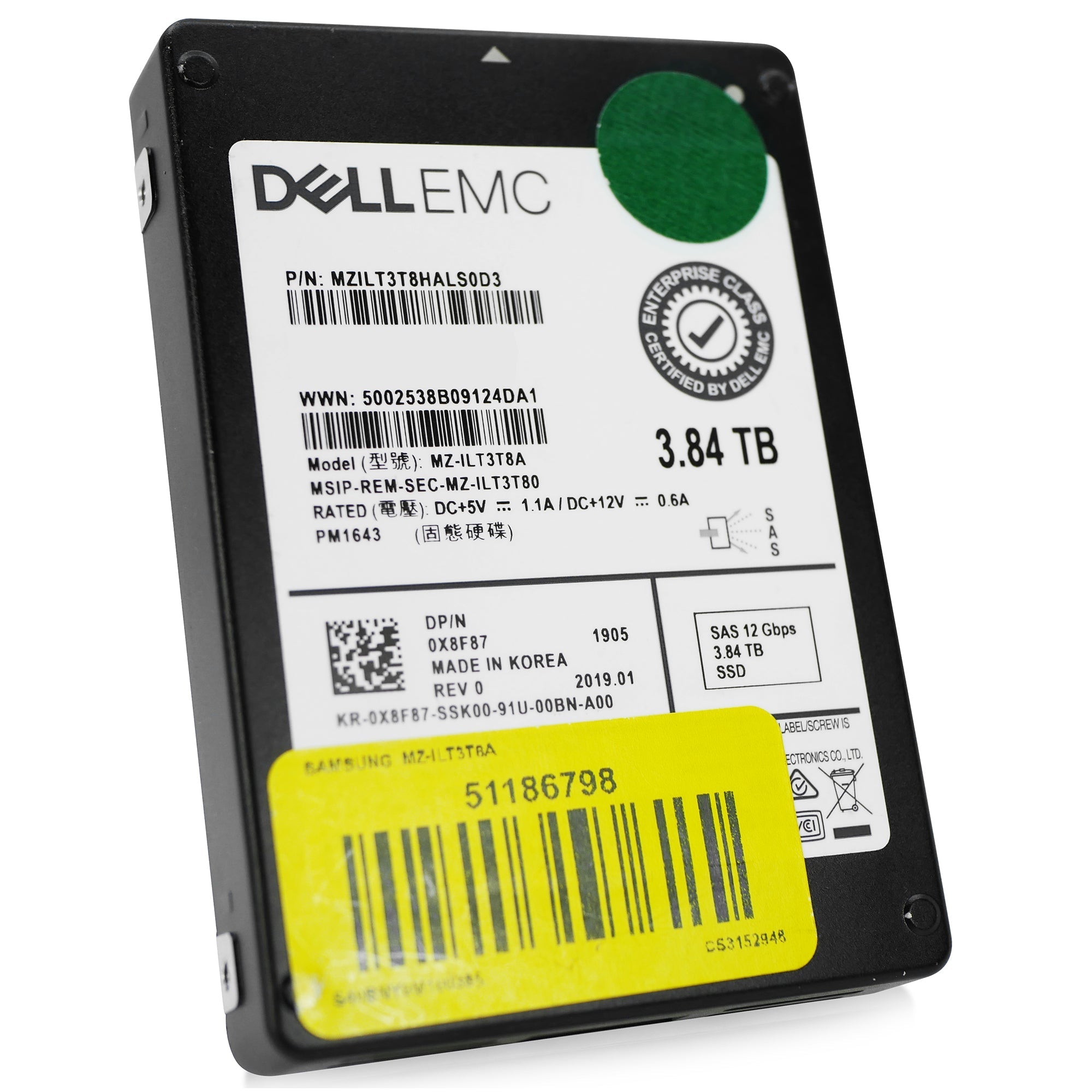 Dell/Samsung PM1643 MZILT3T8HALS0D3 0X8F87 3.84TB 1 DWPD SAS 12Gb/s 3D TLC 2.5in Refurbished SSD
