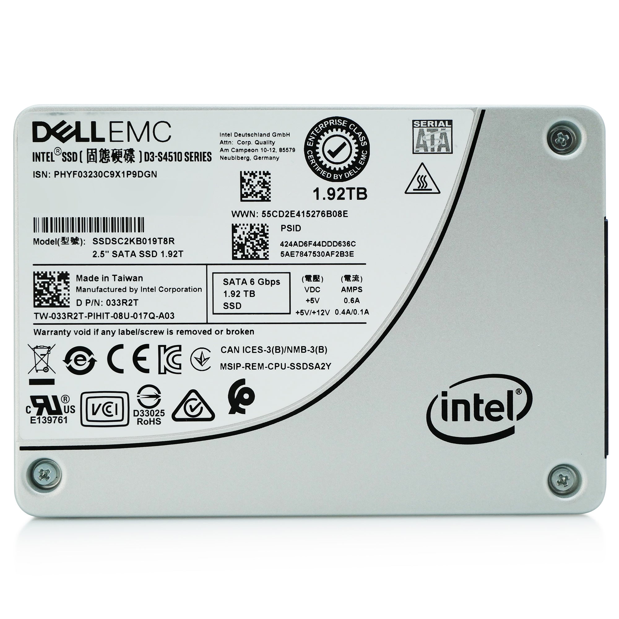 Dell/Intel D3-S4510 SSDSC2KB019T8R 1.92TB SATA 6Gb/s 3D TLC 2.5in Refurbished SSD