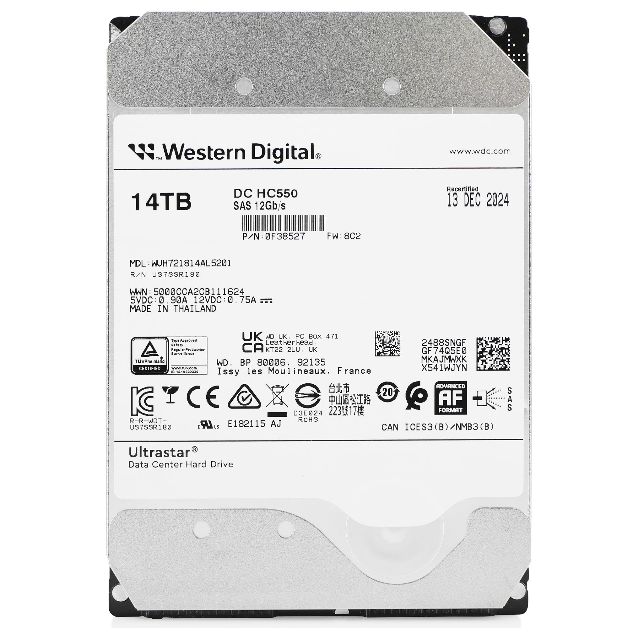 Western Digital Ultrastar DC HC550 WUH721814AL5201 0F38527 14TB 7.2K RPM SAS 12Gb/s 512e 3.5in Recertified Hard Drive