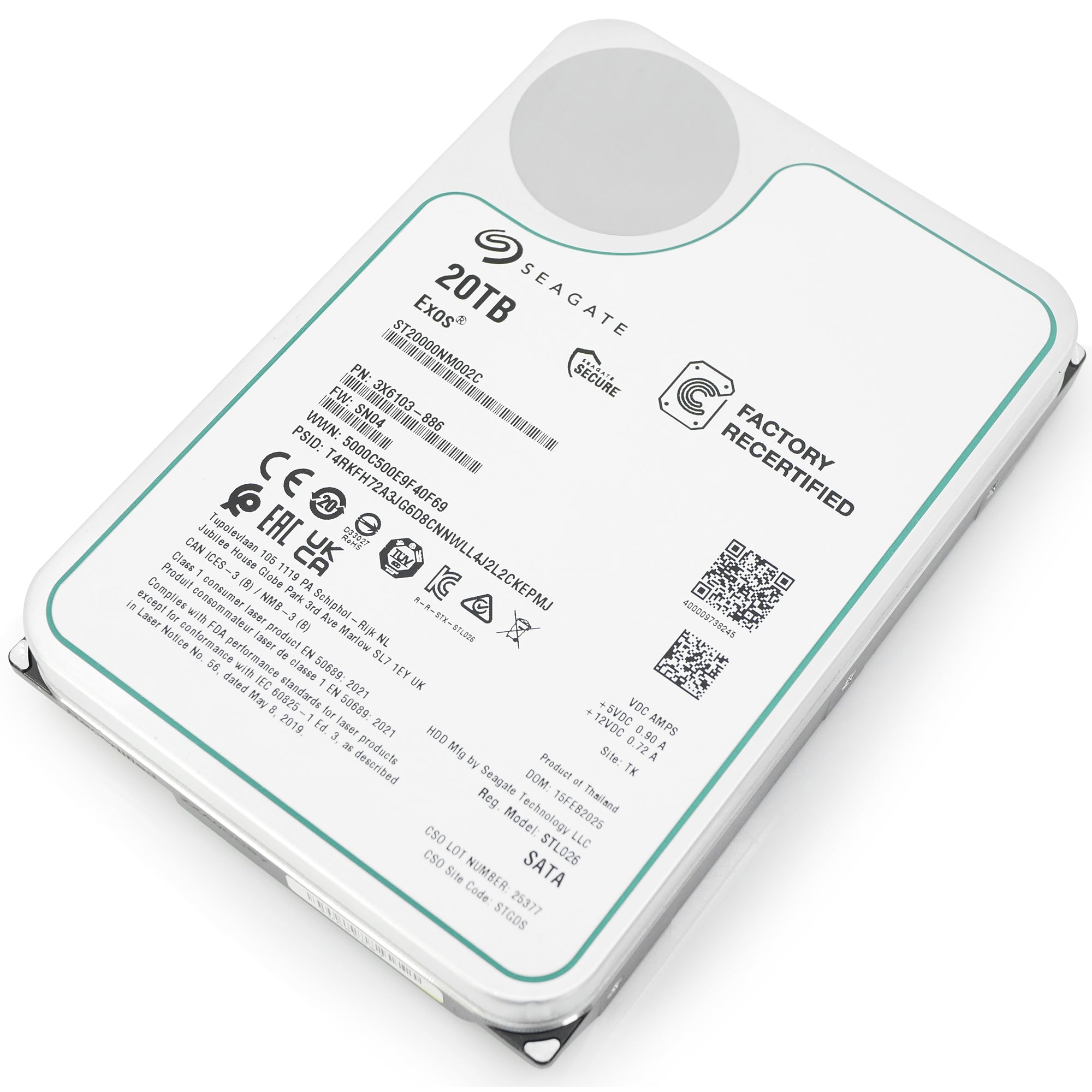 Seagate Exos ST20000NM002C 20TB 7.2K RPM SATA 6Gb/s 512e 3.5in Recertified Hard Drive
